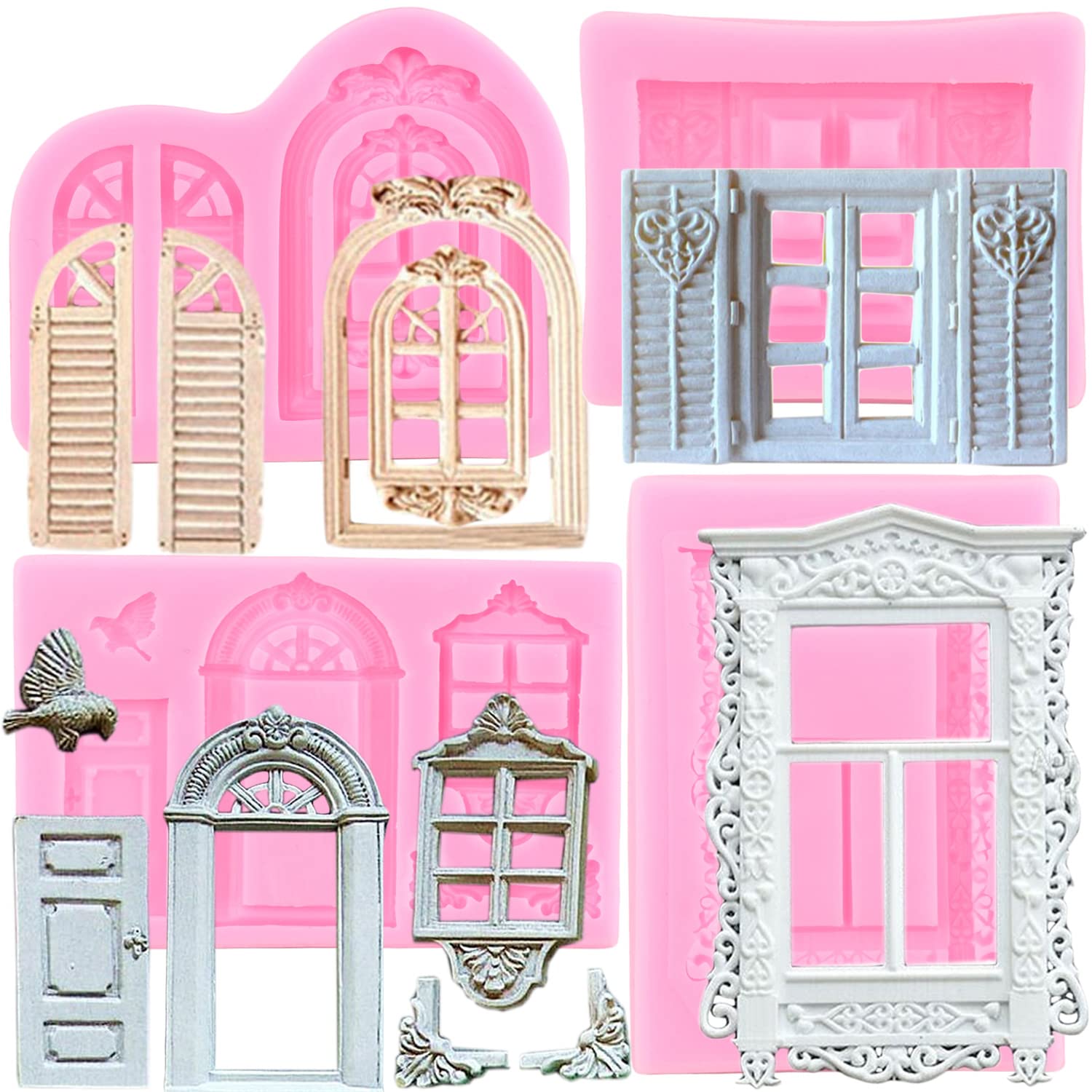 Mujing Window Door Silicone Mold Fondant Molds For Chocolate Cake Decorating Candy Gum Paste Set Of 4