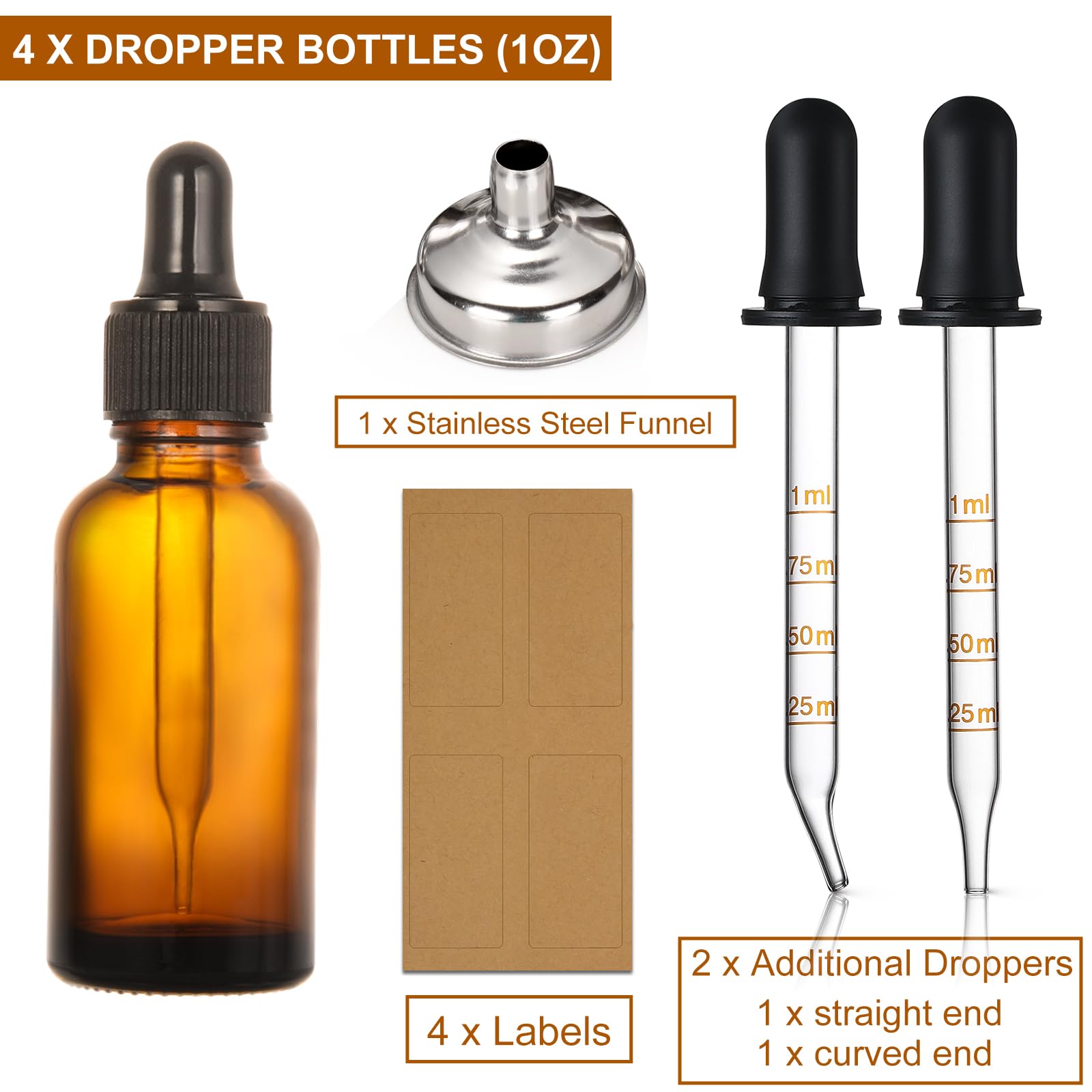 4 Pack, 1 Oz Amber Glass Dropper Bottles Plus 2Pcs Graduated Calibrated Glass Pipettes (1Ml)- 30Ml Dark Brown Tincture Bottles W