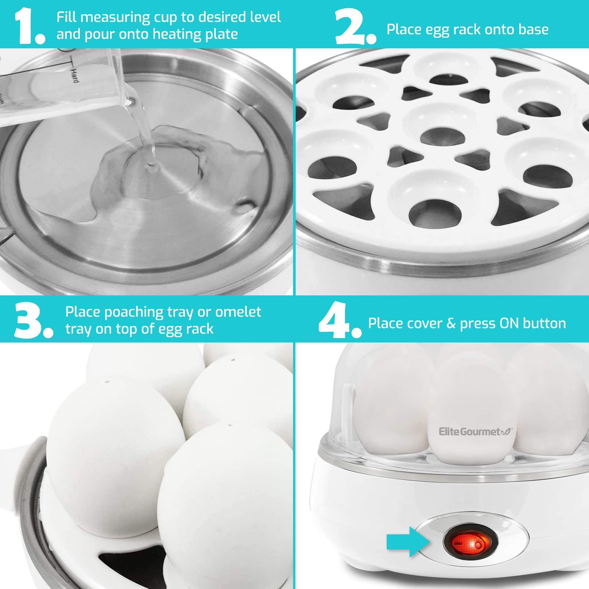 Elite Gourmet EGC700CW# Rapid Egg Cooker  7 Easy-To-Peel  Hard  Medium  Soft Boiled Eggs  Poacher  Omelet Maker  Auto Shut-Off  Alarm  16-Recipe Booklet  BPA-Free  Snow