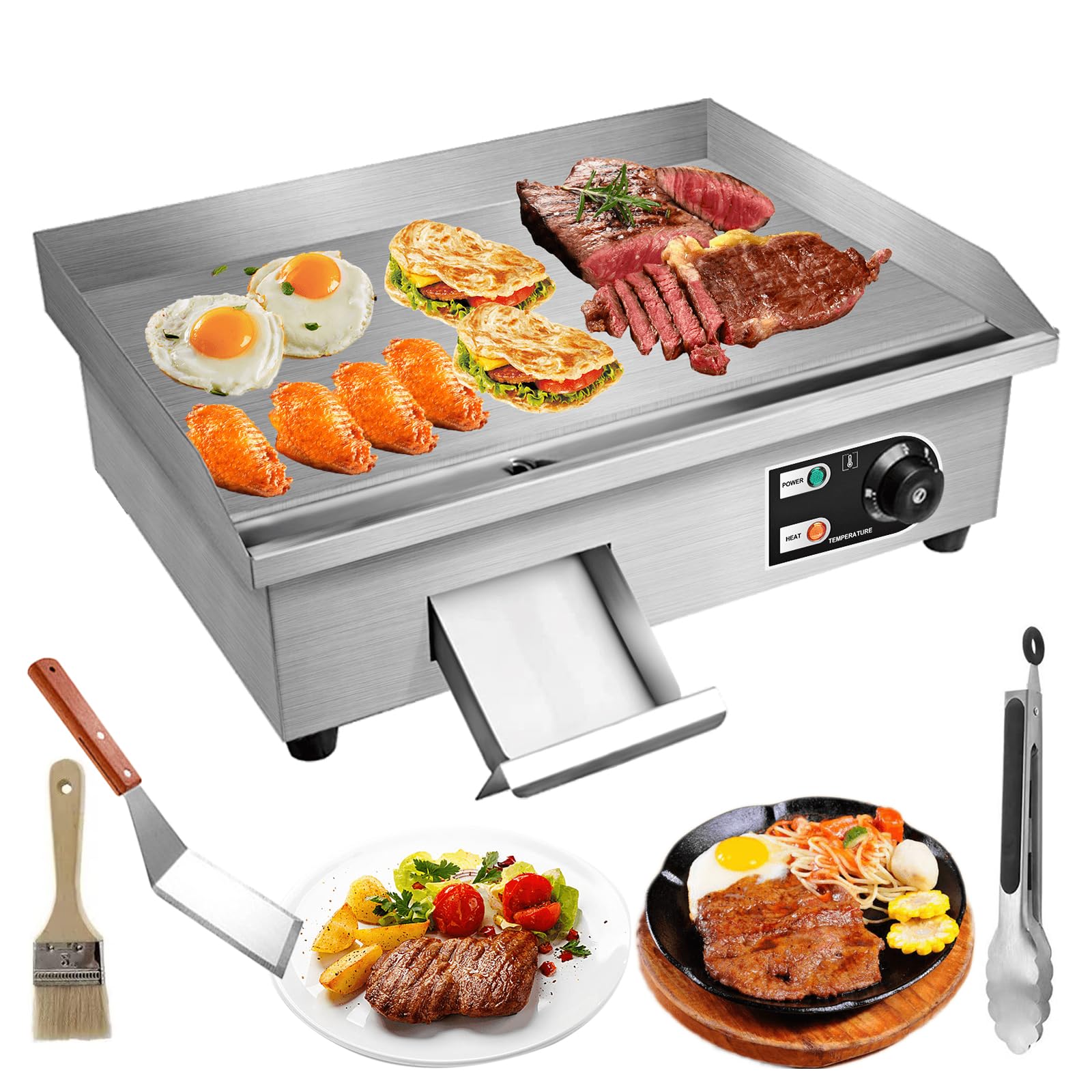 Promotor 22'' Electric Countertop Flat Top Griddle 1600W 110V Non-Stick Commercial Restaurant Teppanyaki Grill Stainless Steel A