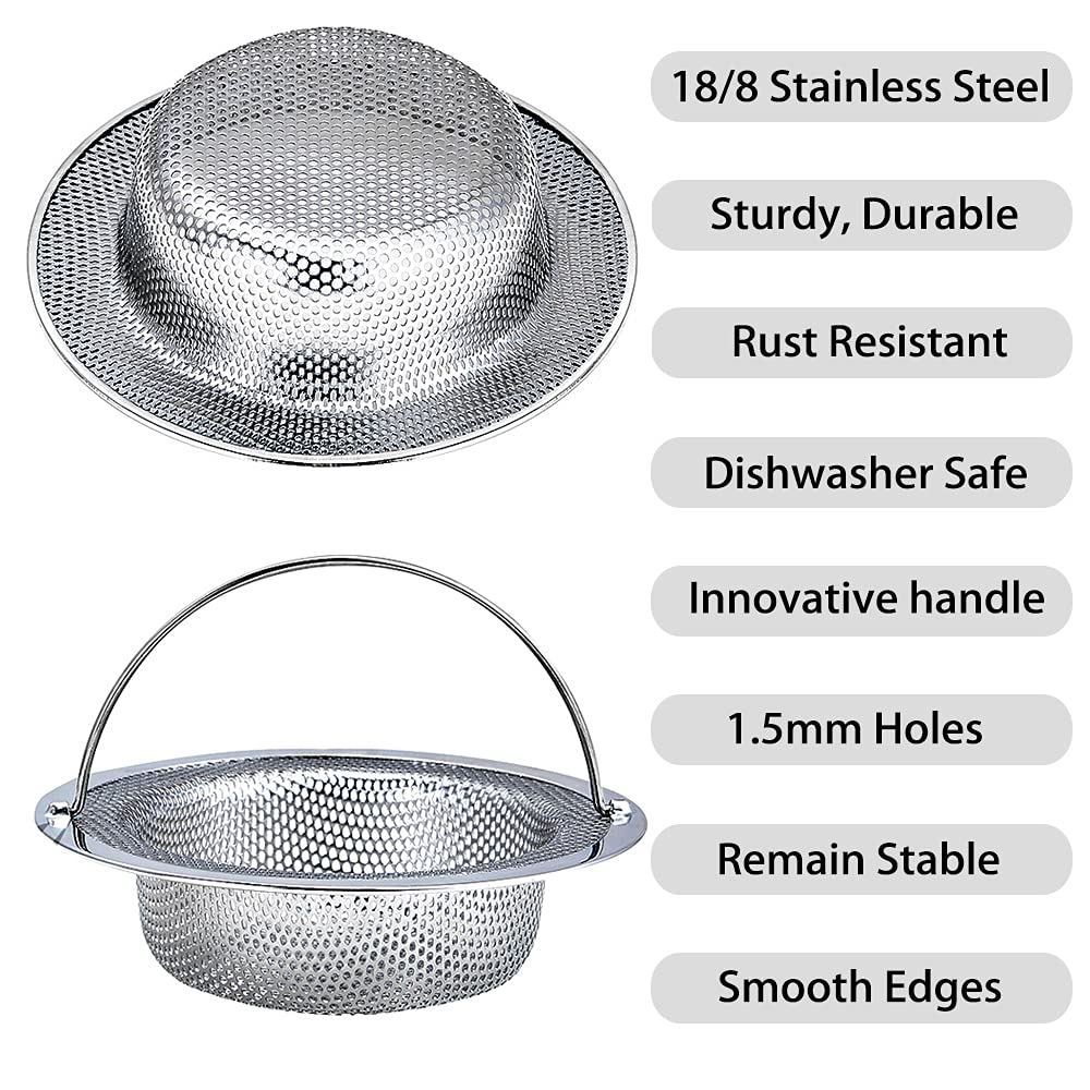 Kitchen Sink Strainer, 2-Pack Sink Strainer Basket With Handle, 4.5'' Diameter, Stainless Steel, Rust Free And Dishwasher Safe