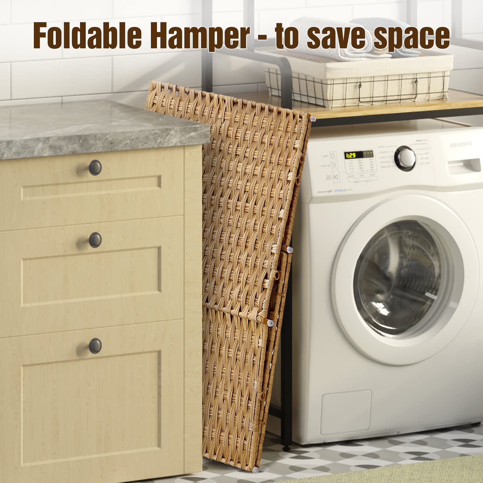 Greenstell Laundry Hamper with Wheels  No Install Needed  110L Divided Handwoven Hampers & 2 Removable Liner Bags  Synthetic Rattan Clothes Laundry Basket with Lid & Handles  Foldable Hampers Natural