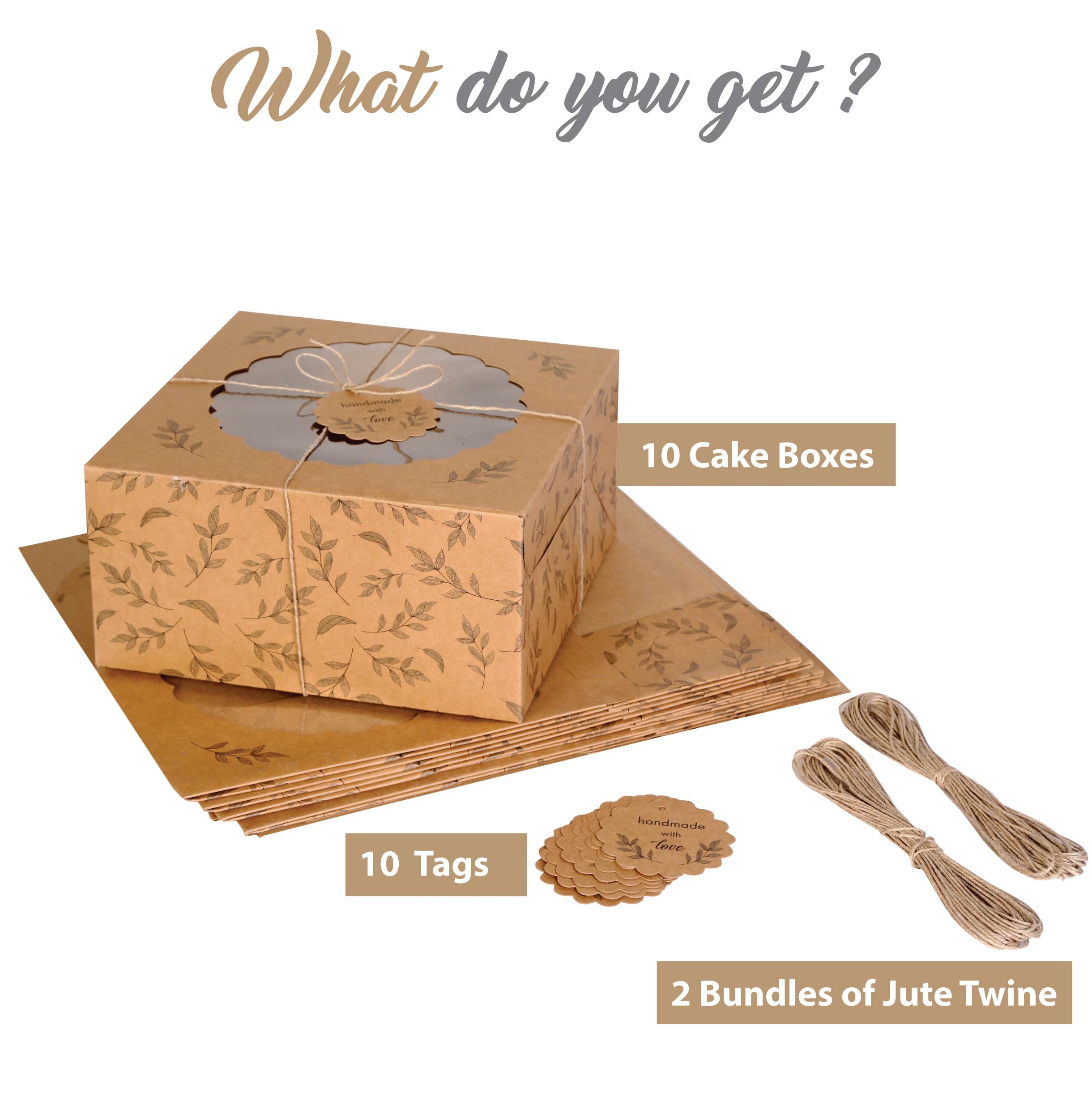 Mudrit Kraft Cake Boxes With Window (10Pcs) - Brown Bakery Boxes For Cakes, Donuts, Pie, Cookies, Cupcakes, Chocolates, Desserts