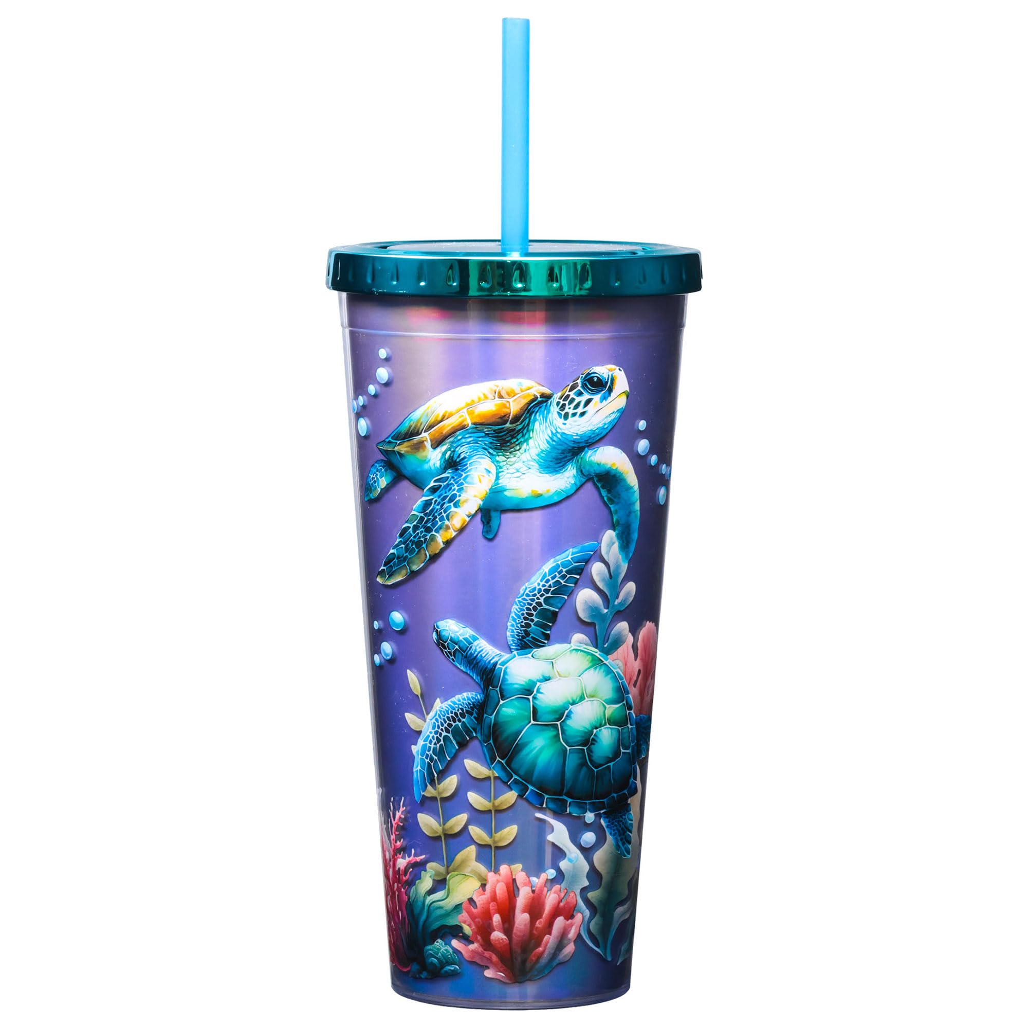 Spoontiques - Acrylic Foil Cup with Straw - 20 oz - Metallic Locking Lid with Straw - Double Wall Insulated - BPA Free - Sea Tur