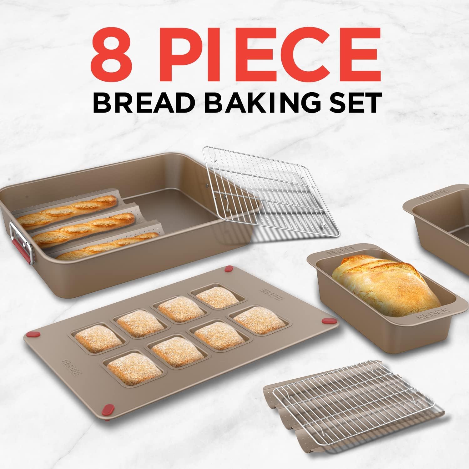 Elbee Home 8-Piece Nonstick Space Saving Bread Baking Pan Set - Includes 1 X Large Roasting Pan 2 X Bread Loaf Pan 2 X Baguette