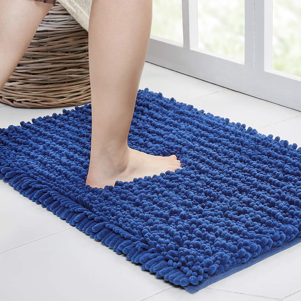 Walensee Bathroom Rug Non Slip Bath Mat (24X17 Inch Dark Blue) Water Absorbent Super Soft Shaggy Chenille Machine Washable Dry E