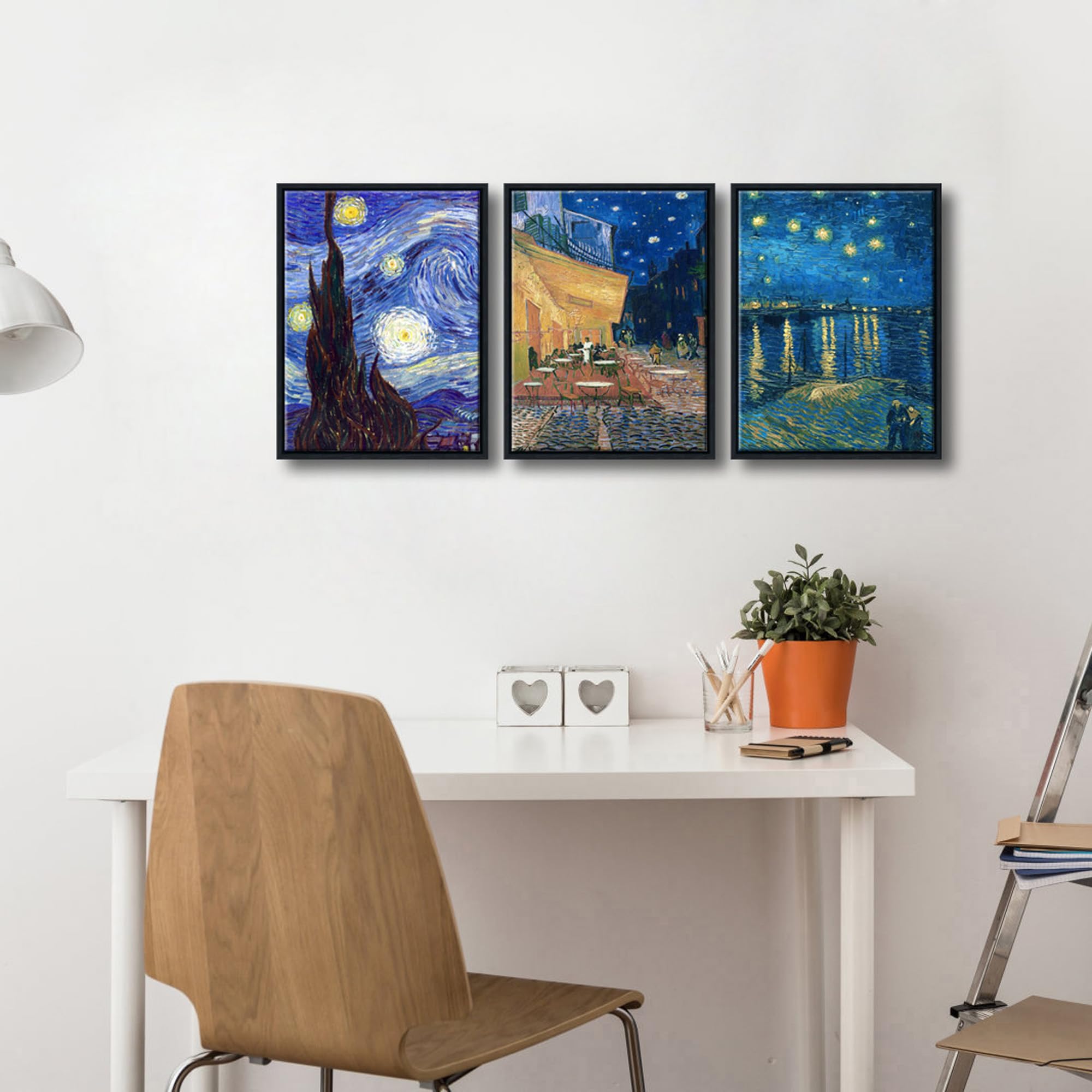 Wieco Art Framed 3 Panels Canvas Prints Of Vincent Van Gogh Paintings Reproduction Starry Night Over The Rhone Cafe Terrace At N