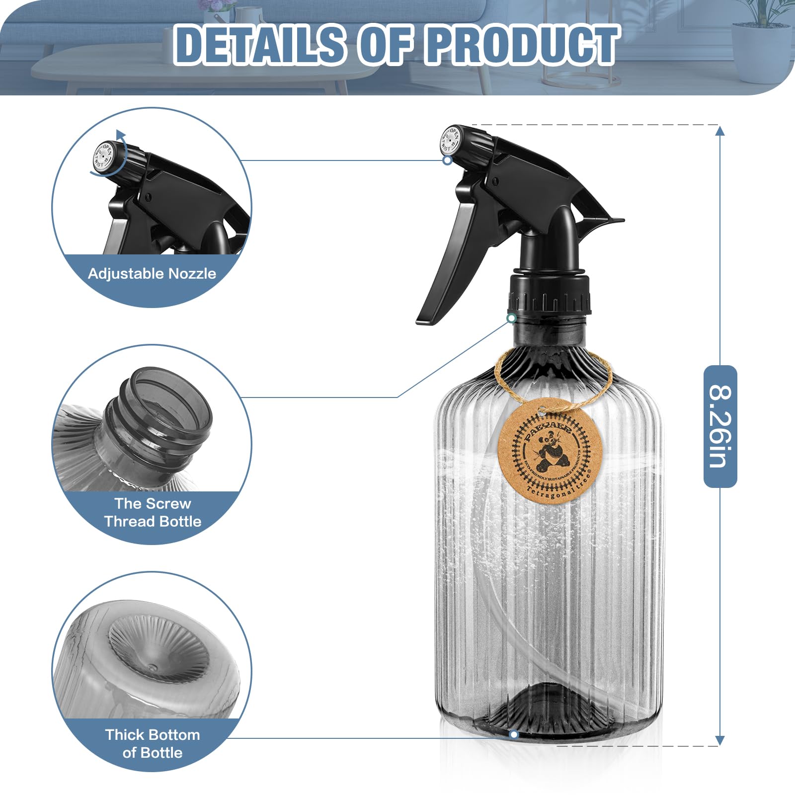Paeyaer 2 Pcs Spray Bottles, 18 Oz Empty Water Spray Bottles, Plastic Reusable Adjustable Mist Sprayer Squirt Bottles Containers
