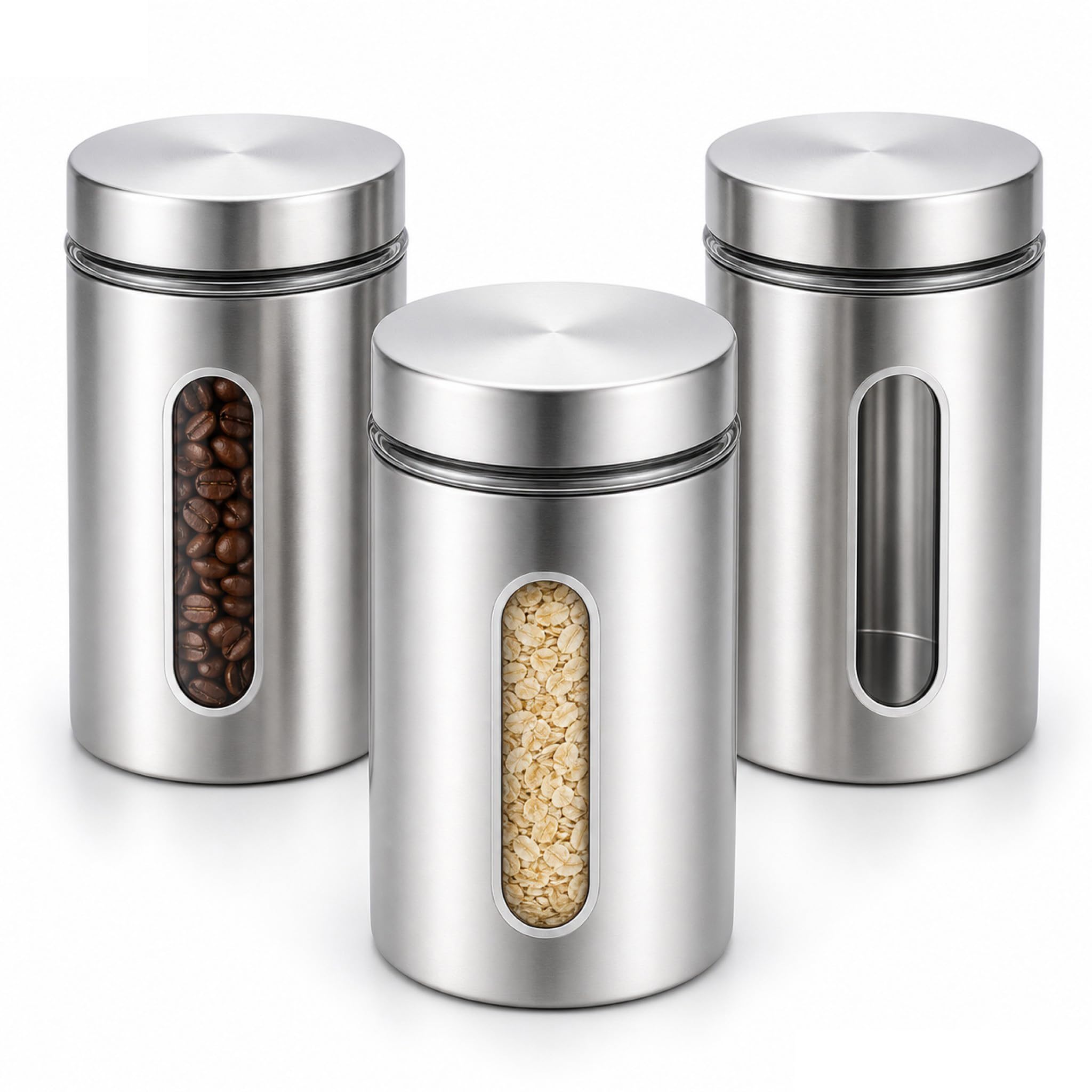 3 Pack Kitchen Canisters Set, 32 oz Large Airtight Coffee Sugar Tea Container Storage Jars with Glass Window Stainless Steel Con