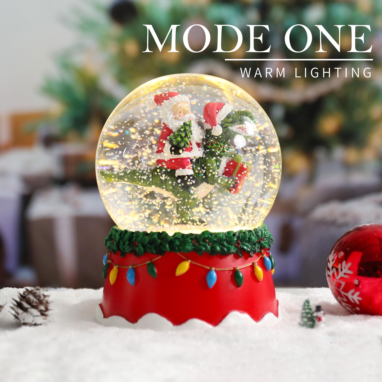 Christmas Snow Globe with Santa and Dinosaur, 3.9x3.9x5.1 Inch LED Light-Up and Music, Battery Operated Holiday Decoration - Fes