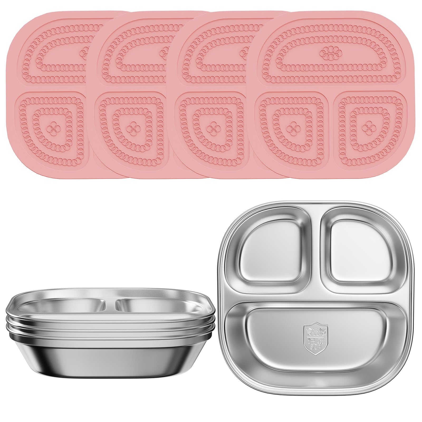 ENCYS Set of 4 Snack Containers,Stainless Steel Kids Plates,Stainless Steel Toddler Plate with Silicone Lids- Reusable Meal Prep