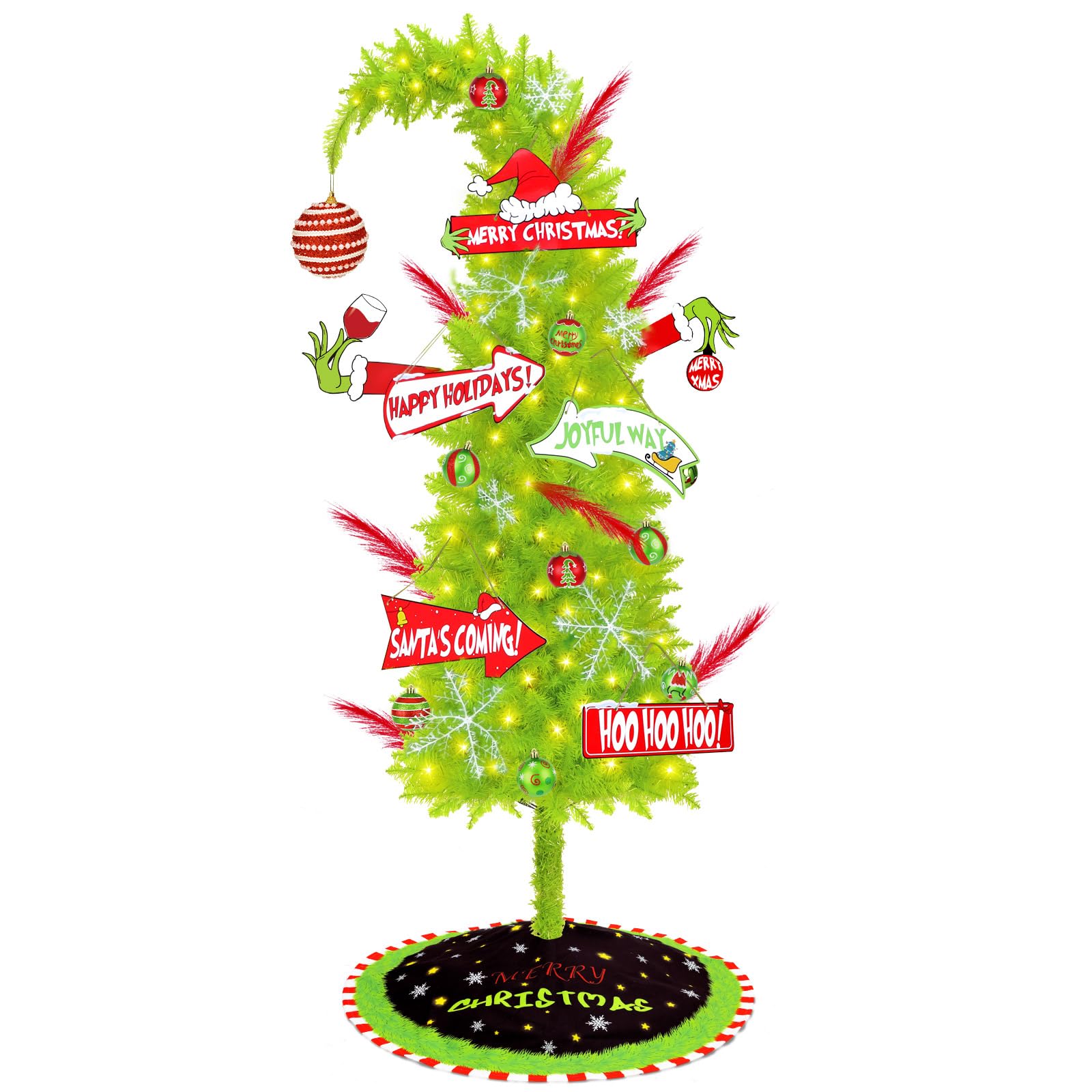 6FT Grinchs Christmas Tree with 38 Piece Ornament Set, Whimsical Lime Green Christmas Tree with Signs & Skirt, Indoor Outdoor Ho