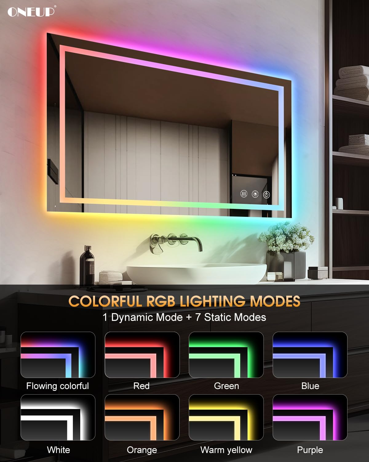 Oneup 40X24 Inch Led Bathroom Mirror,Rgb Color Changing Bathroom Mirror With Lights,Anti-Fog Wall-Mounted Vanity Mirrors,Smart D