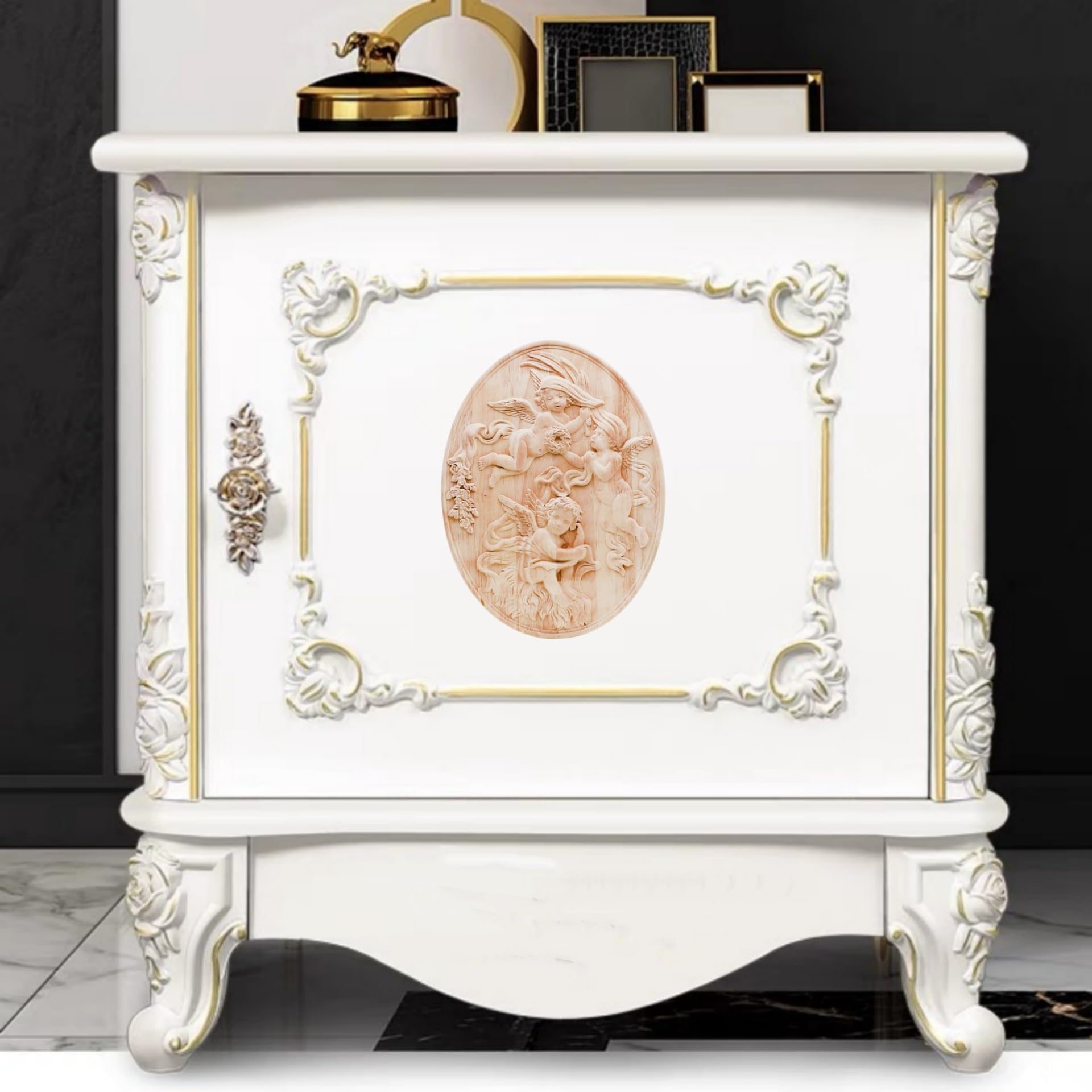 BSYMDH Angel Pattern Wood Carving Decal Unpainted Wood Onlay Appliques Wood Carved Furniture DIY Appliques Onlays for Wall Door