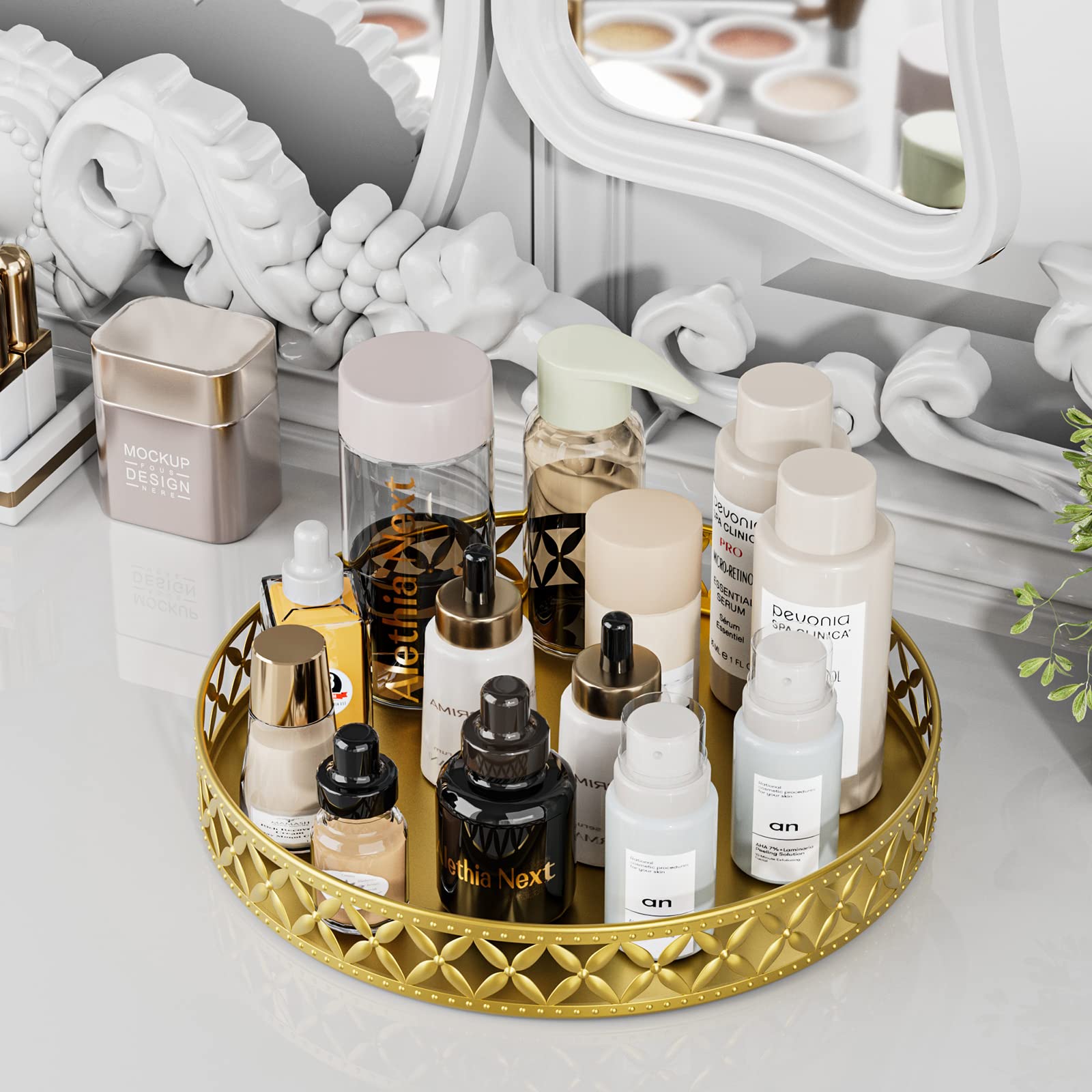 Eknitey Bathroom Counter Vanity Tray - Perfume Makeup Tray For Dresser Tops Gold Round Serving Tray Candle Decorative Storage Tr