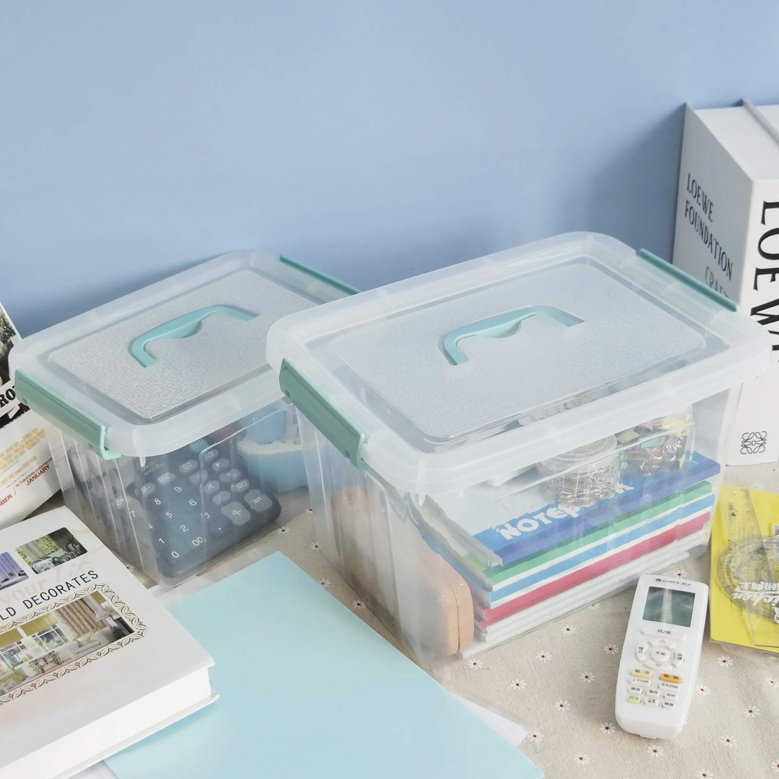 Gloreen 12 Quart&6 Quart Clear Storage Bins With Lid And Mint Green Handle, Multipurpose Stackable Plastic Storage Latches Box/C