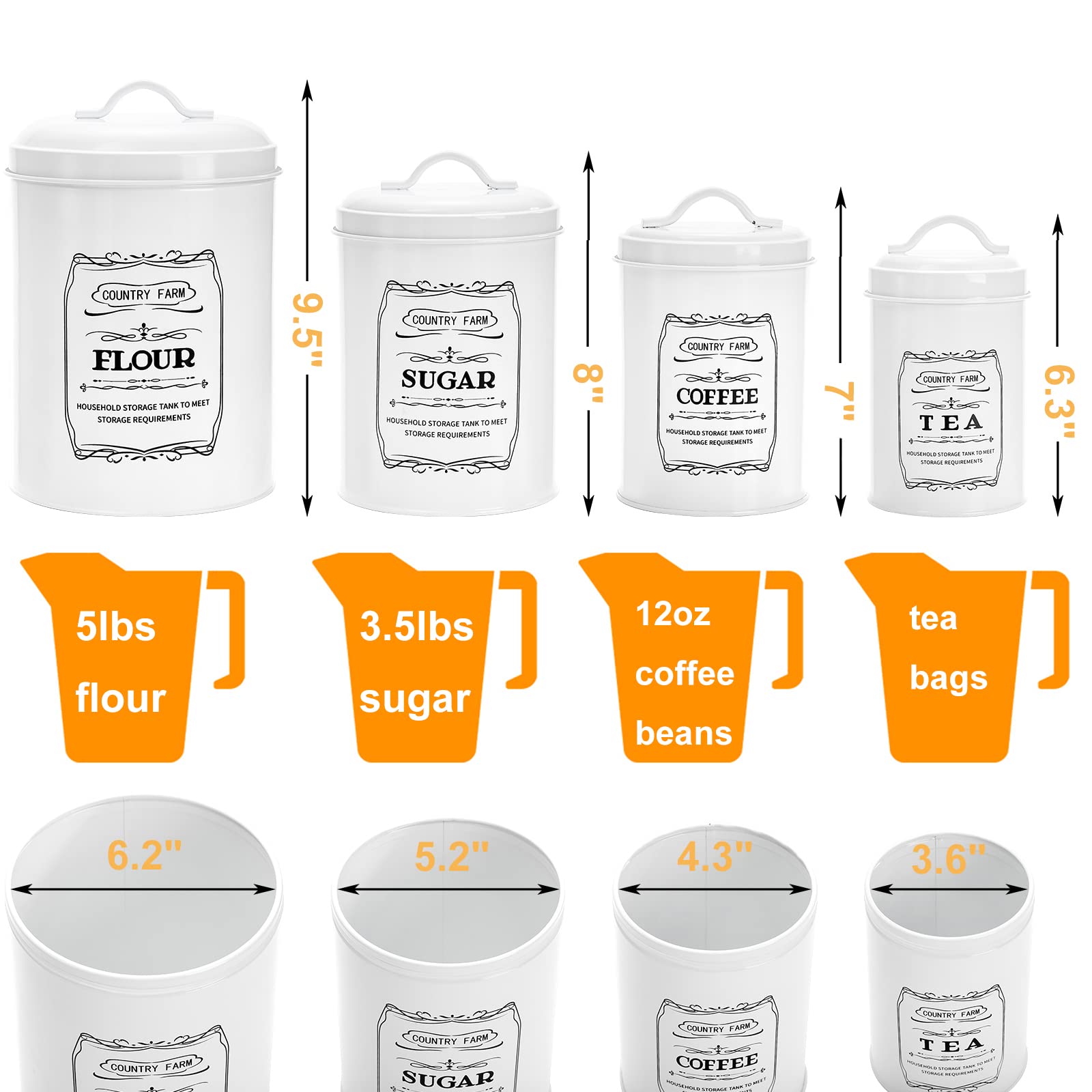 Yarlung Set Of 4 Kitchen Canisters With Airtight Lids, Coffee Tea Sugar Flour Metal Tin Jars Nesting Food Storage Container Set