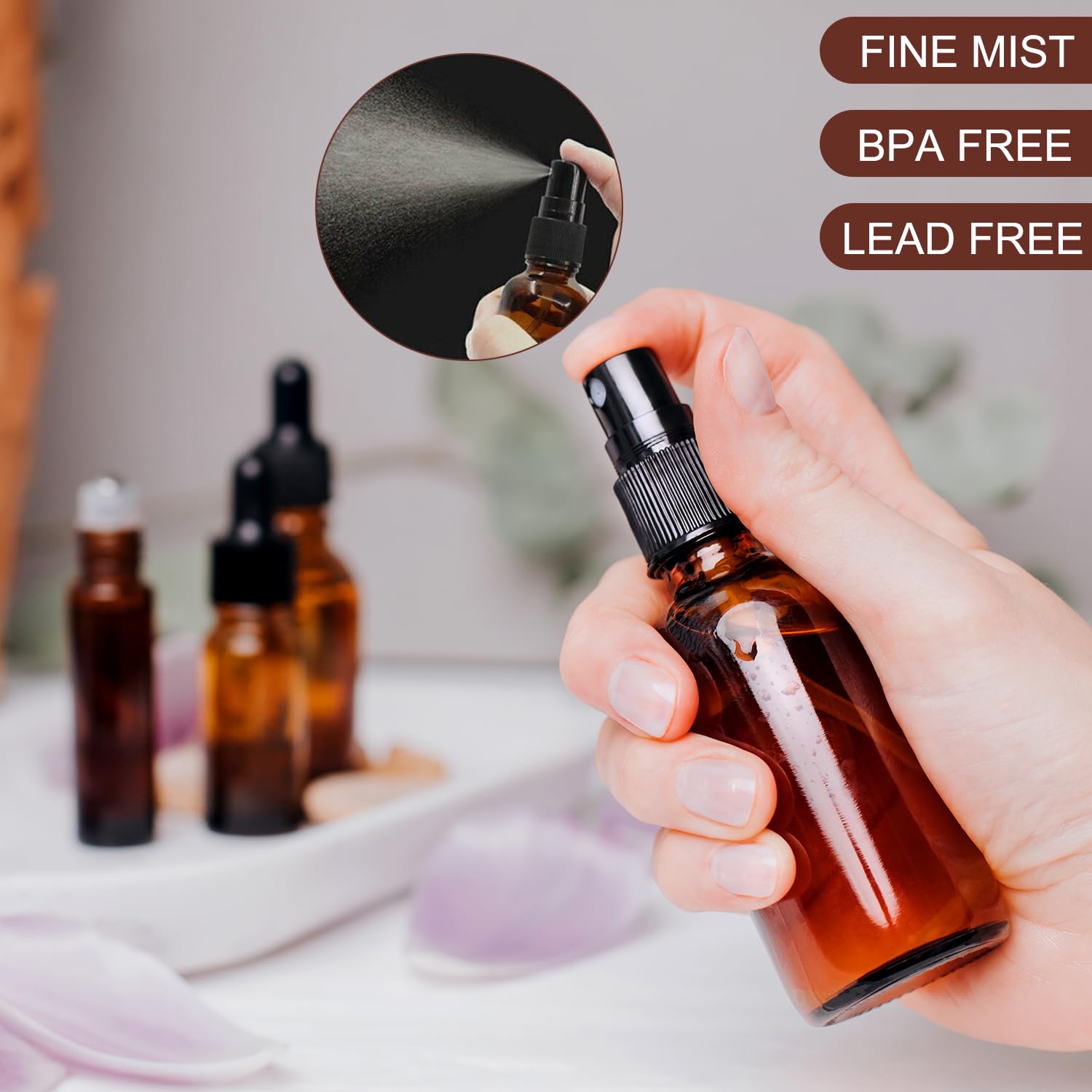 Lanbeautify 4 Oz Amber Glass Spray Bottles - Small Empty Fine Mist Spray Bottle For Essential Oil,Face - Mini Dark Spray Bottles