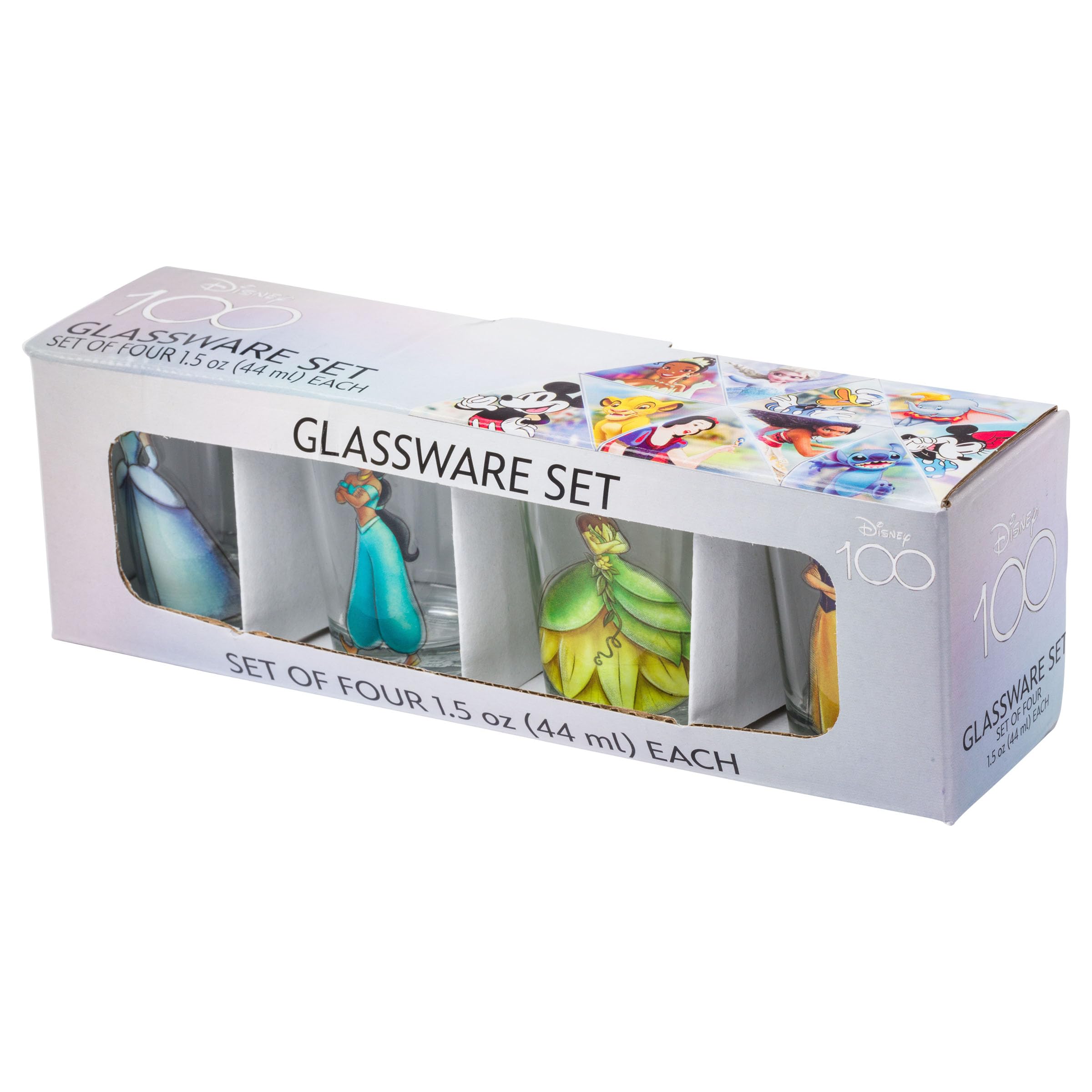 Silver Buffalo Disney Princess Featuring Snow White, Cinderella, Jasmine, And Tiana 4 Pack Mini Glasses, 1.5 Ounces