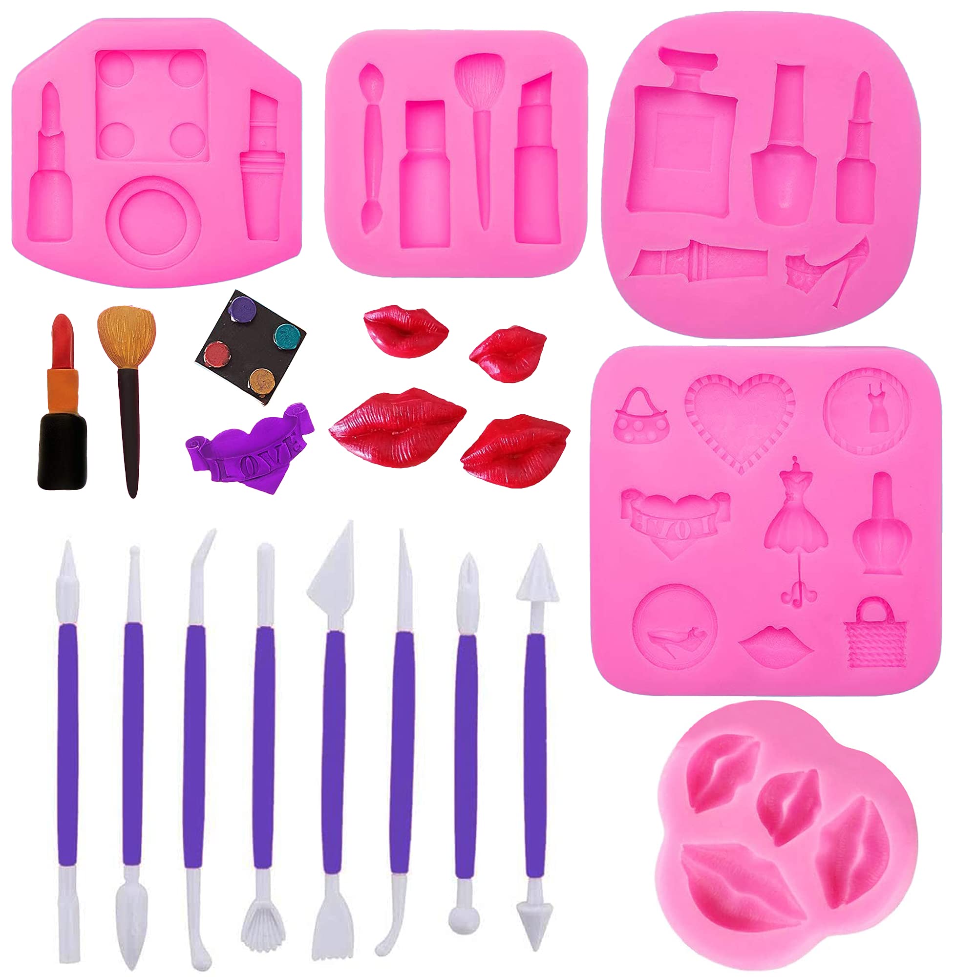 Woohome 14 Pcs Makeup Theme Silicone Moulds, 5 Pcs Lipstick Fondant Candy Mould 3D Fondant Cake Mould For Resin And 9 Pcs Cake C