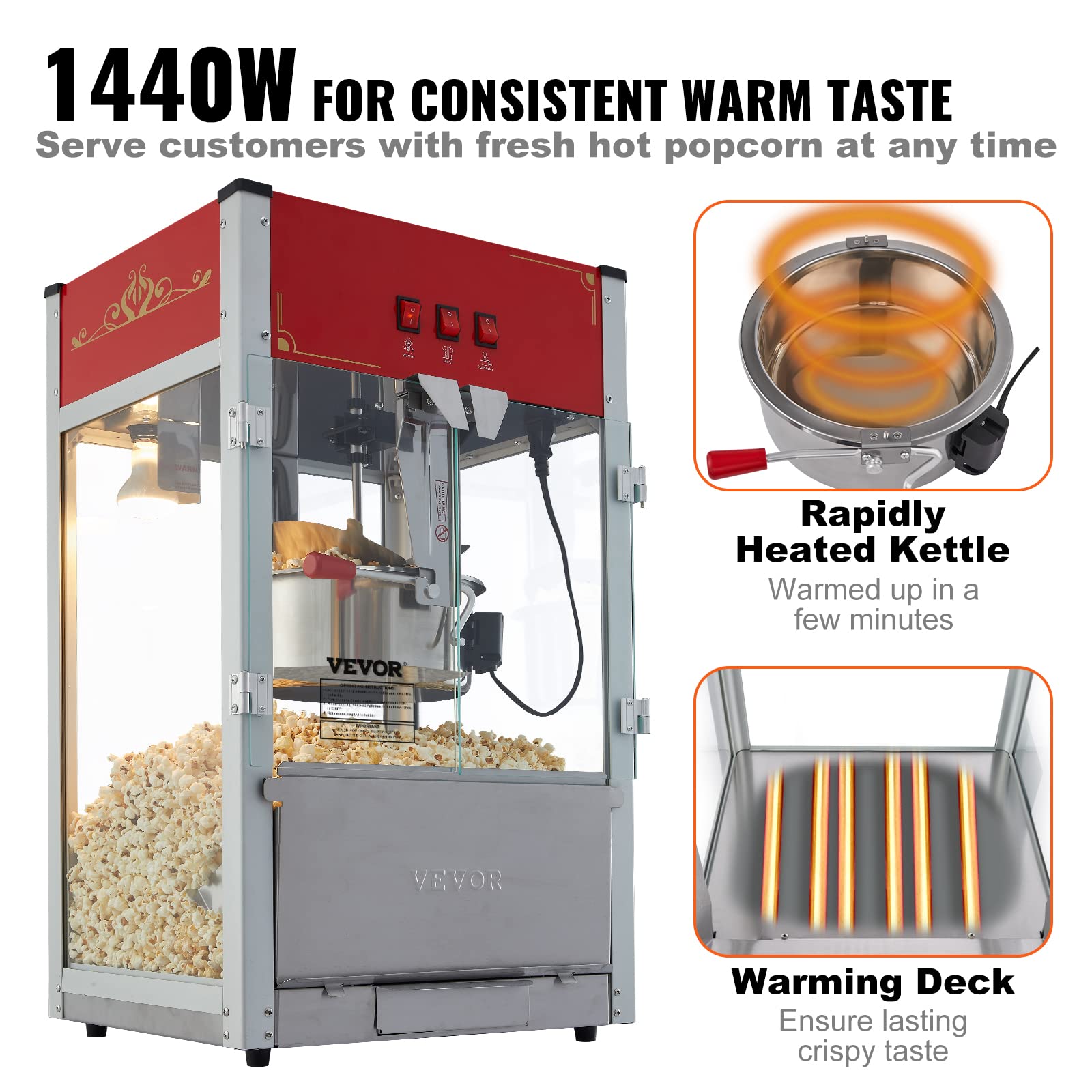 Vevor Commercial Popcorn Machine, 12 Oz Kettle, 1440 W Countertop Popcorn Maker For 80 Cups Per Batch, Theater Style Popper With