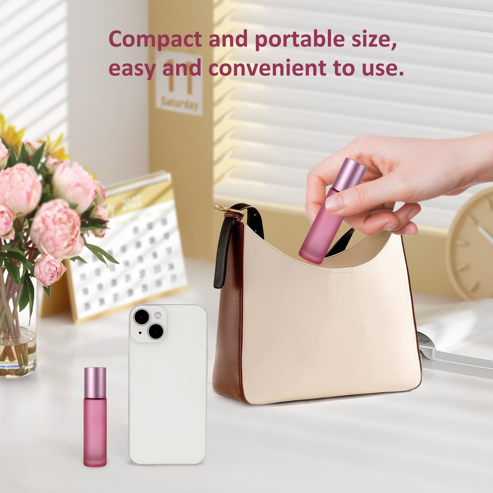 Kesell 10 Pack - 10Ml Refillable Frosted Glass Roller Bottles Vials With Stainless Steel Roller Ball And Aluminum Cap - Pink Col