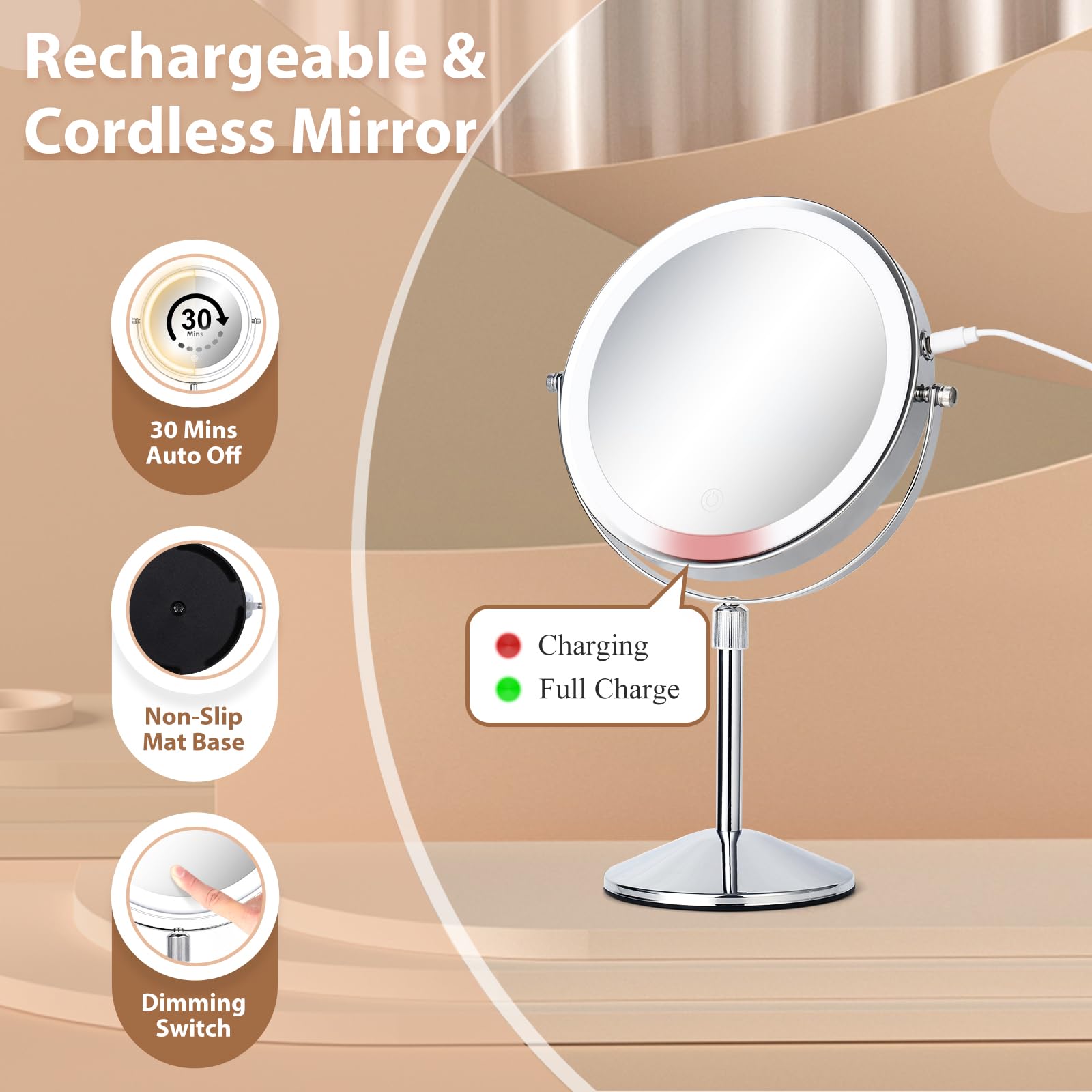 Ffowcye 8'' Lighted Makeup Mirror With Adjustable Height, 1X/10X Magnification, Rechargeable Led Vanity Mirror With 3 Color Mode