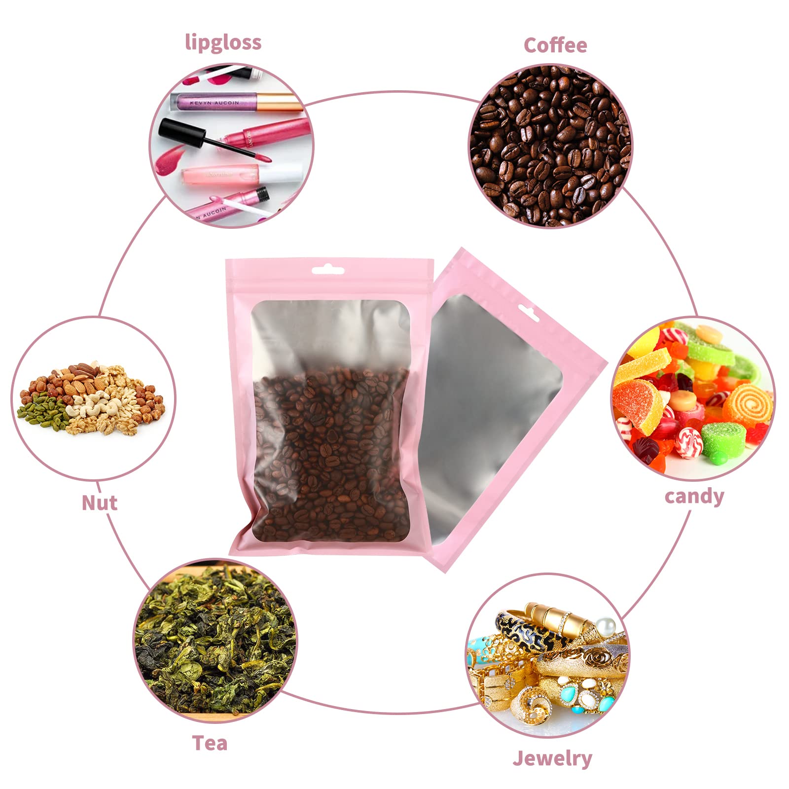 120 PCS 7x10 Smell Proof Mylar Bags for Food Storage Resealable Large Mylar Bags for Kitchen Organization with Clear Window pink Ziplock Packaging Bag for Candy Cookies and Small Jewelry