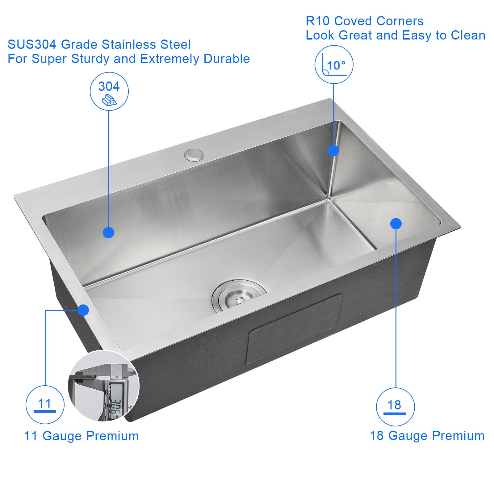 MENATT 28 Inch Drop-in Kitchen Sink  304 Stainless Steel Topmount Handmade Kitchen Sink  Single Bowl Workstation Sink with Drain Kit (Brushed)  28''x18''x9''