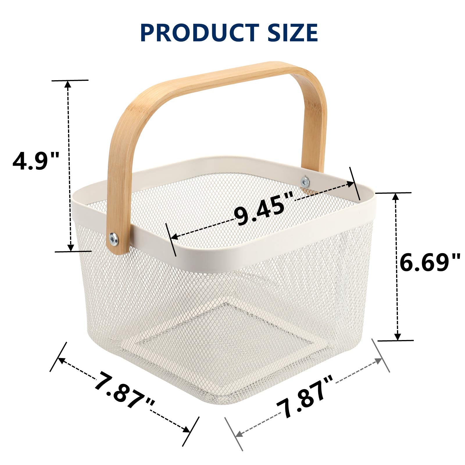 Yopay Mesh Steel Fruit Basket Bin With Wood Handle, White Hanging Storage Organizer, Farmhouse Harvest Gardening Basket For Cabi