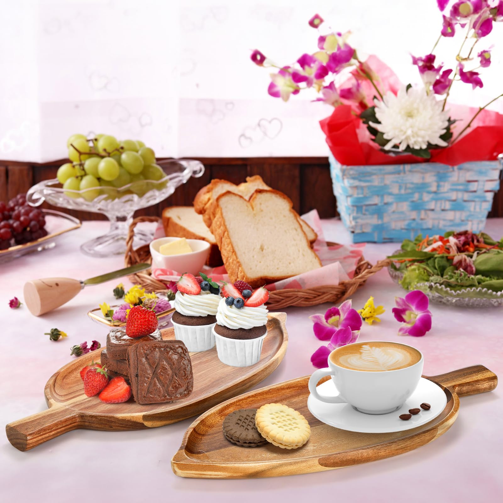 Youeon 2 Pcs Acacia Wood Serving Trays, 13'' X 5.5'' Leaf Shaped Wooden Trays For Decor, Novelty Trays For Food Serving, Small C