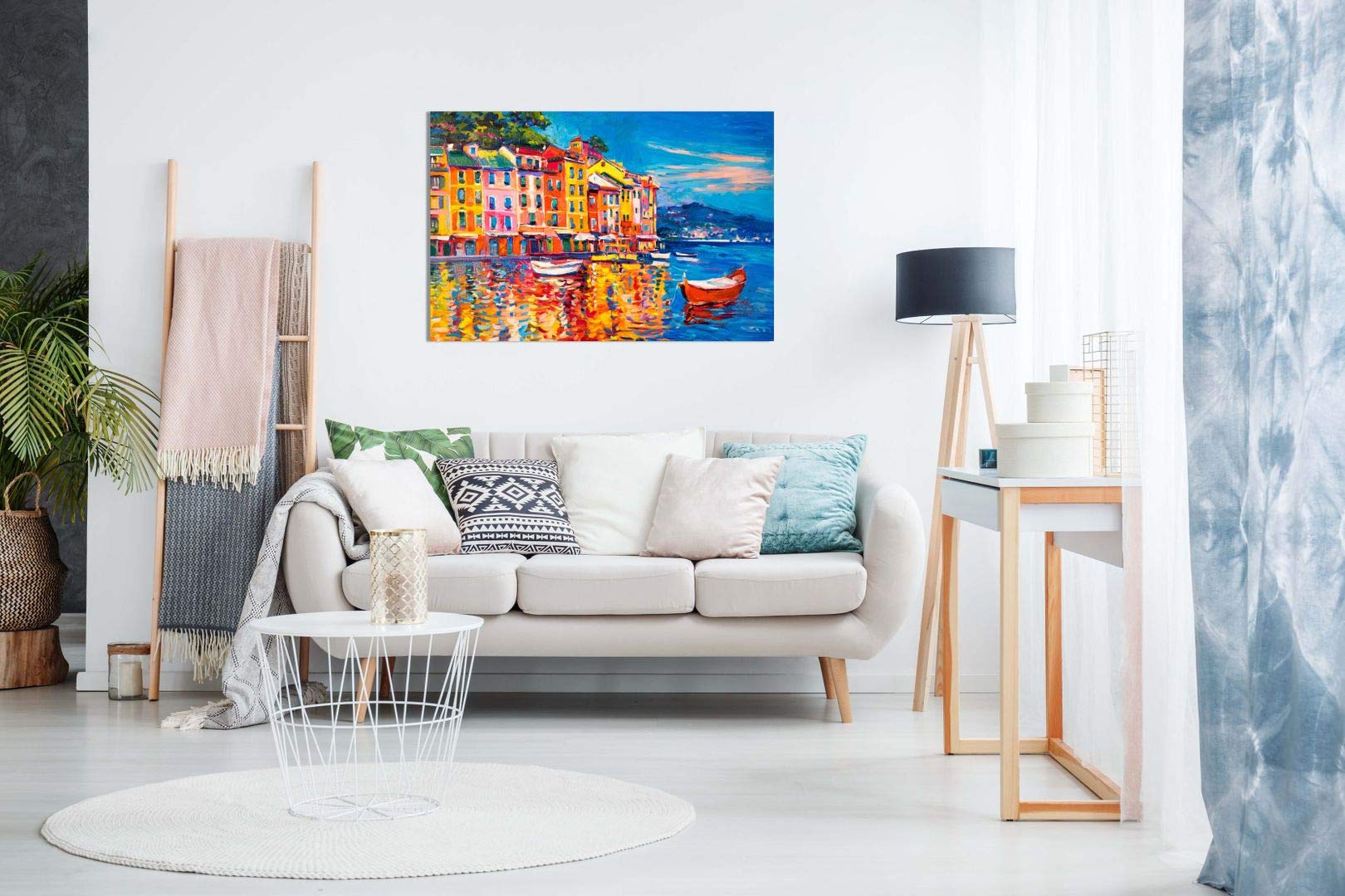 Colourful Oil Painting Boats Sea Harbour Canvas Wall Art Picture Print (12X8)