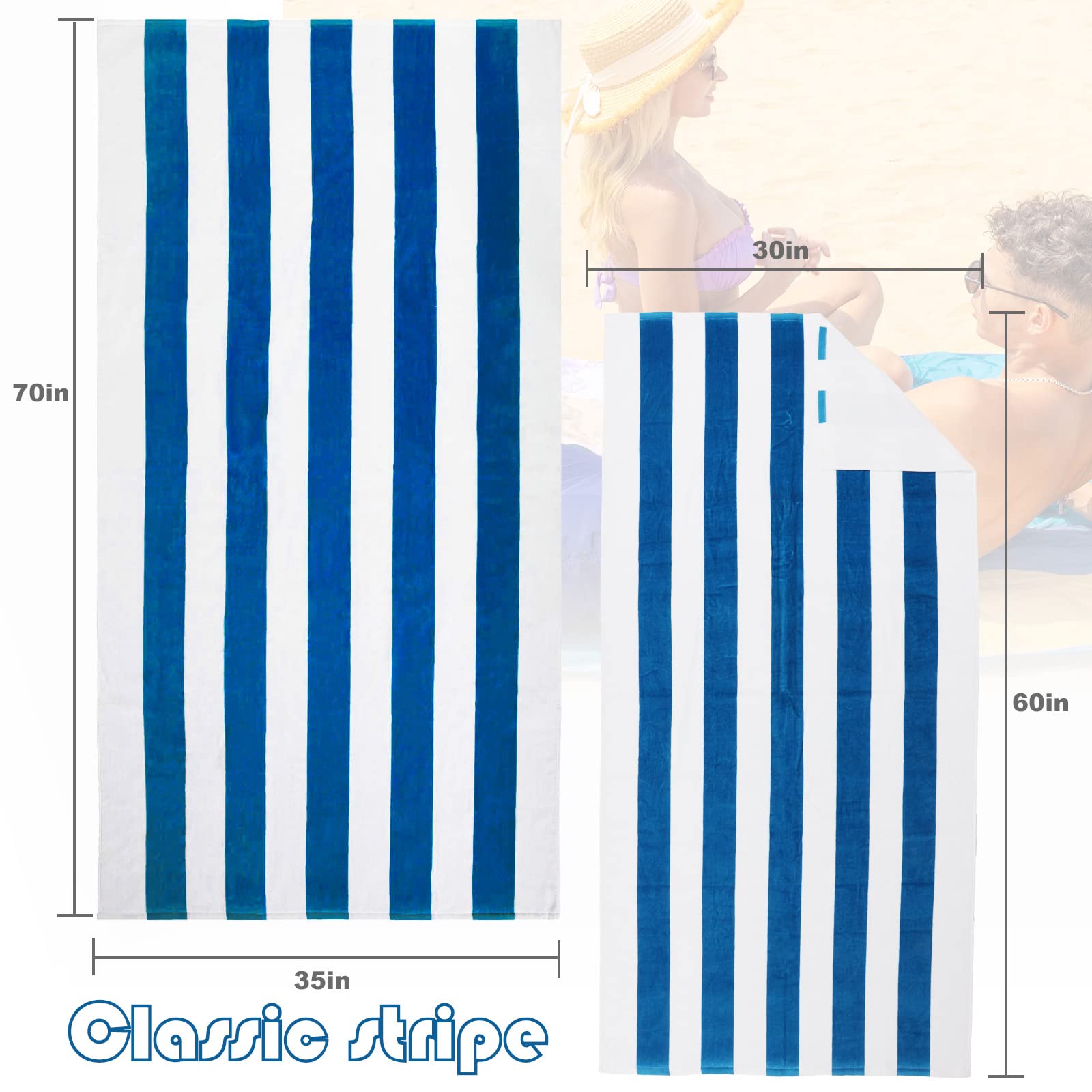 Exclusivo Mezcla Cotton Oversized 35X70 Inches Cabana Stripe Beach Towel, Super Absorbent Soft Plush Pool Bath Towel (Ocean Blue