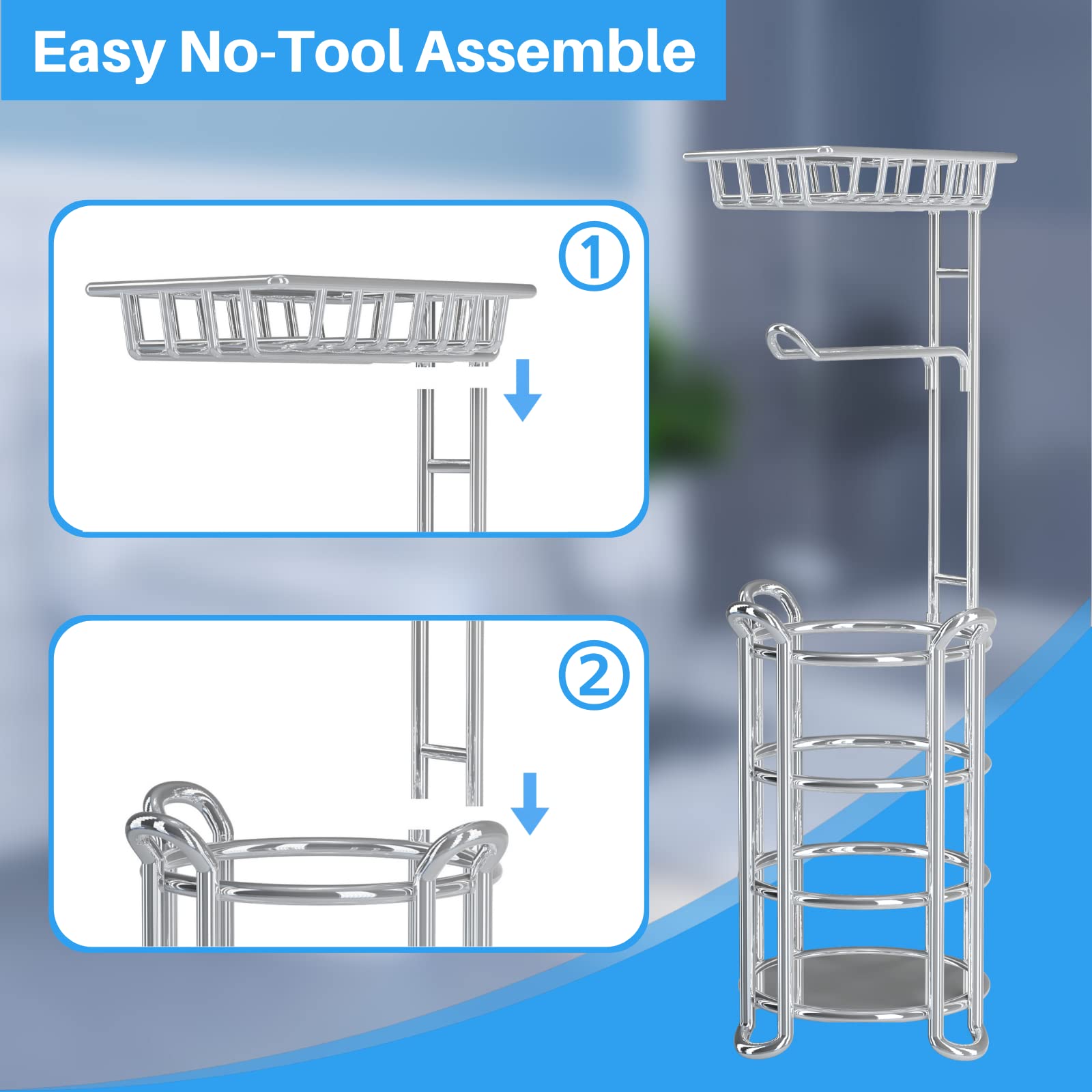 Toilet Paper Holder Stand with Shelf for Phone  Bathroom Free Standing Tissue Roll Storage Rack with Dispenser for 4 Mega Rolls  Chrome