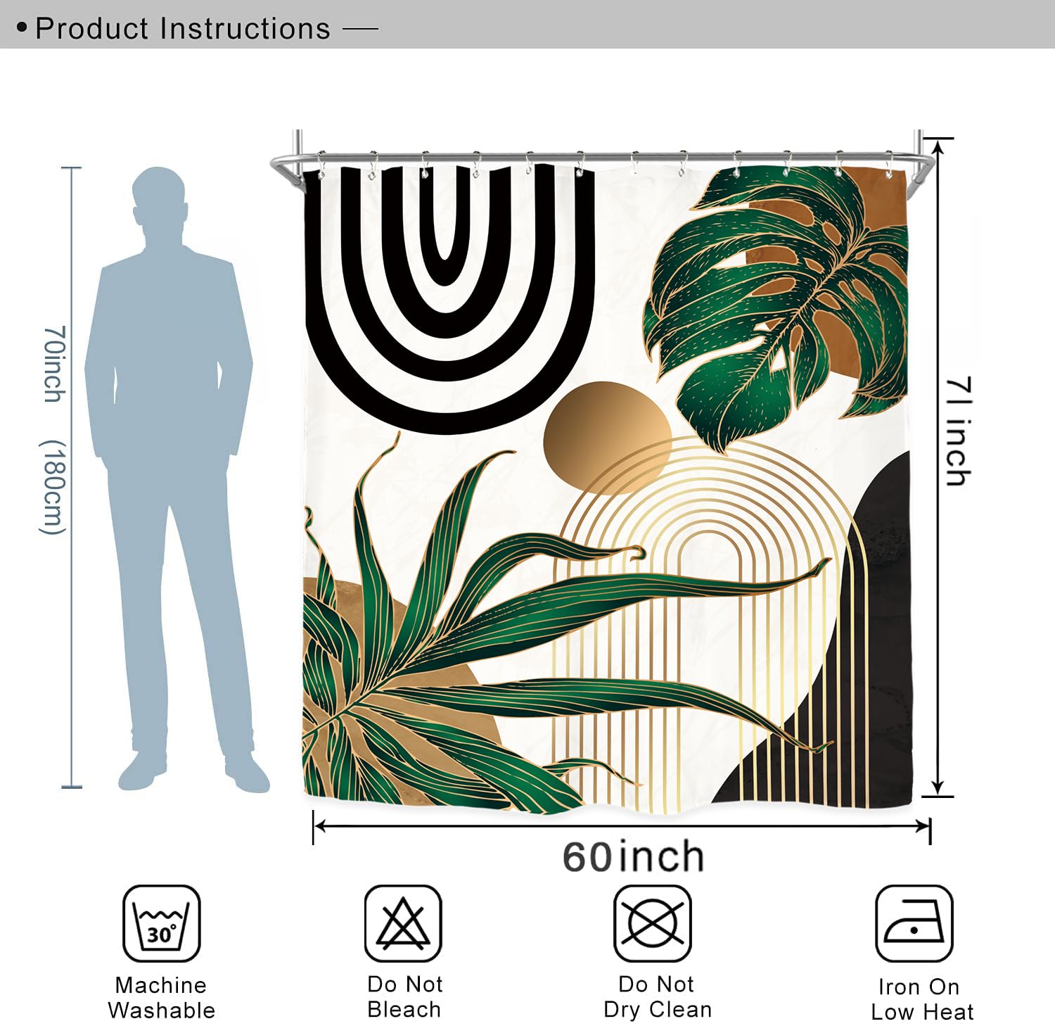 Miyotaa Emerald Green Abstract Shower Curtain Set 60Wx71H Inches Mid Century Minimalist Aesthetic Modern Contemporary Plant Trop
