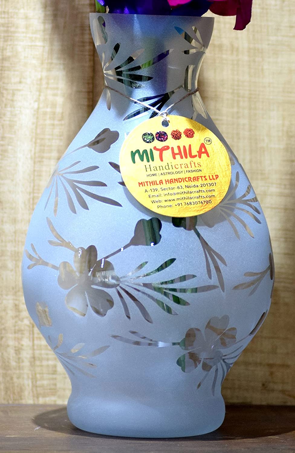Mithila Handicrafts Flower Pot Glass Vase for Money & Bamboo Water Plants, Flowers - Elegant Frosted Printed Design Glass Pot Ho