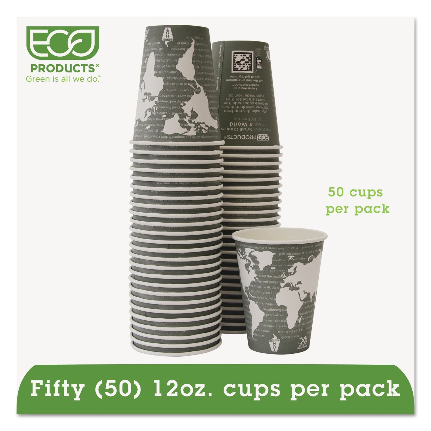 World Art Renewable/Compostable Hot Cups, 12 Oz, Gray, 50/Pack,10 Pack/Carton