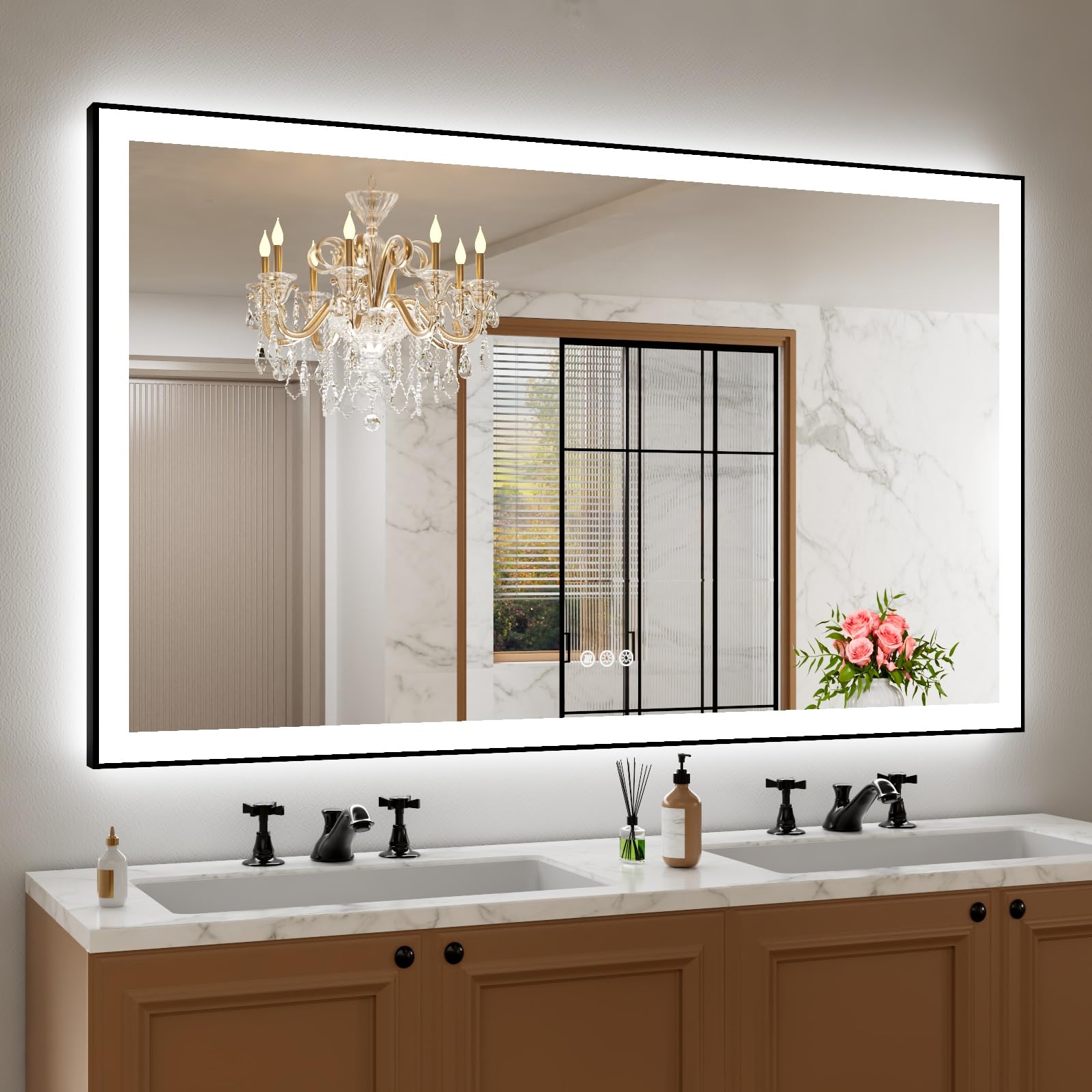 Amorho 60''X 36'' Led Bathroom Mirror With Black Frame, Front Light And Backlit(Controlled Separately), Stepless Dimmable, Anti-