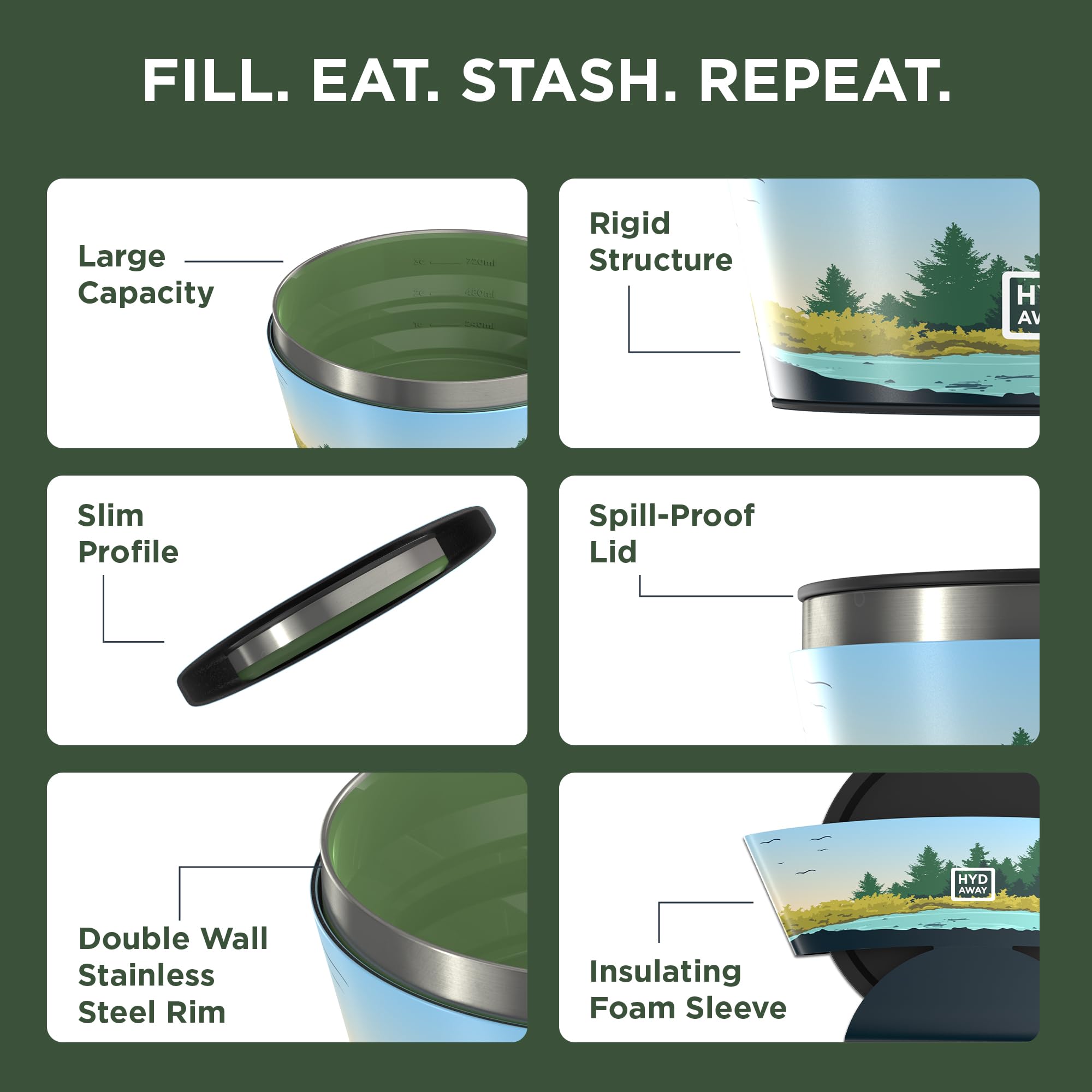 HYDAWAY Collapsible Insulated Bowl - 1 Quart Silicone, Spill-Proof, Metolius Color, Model HIB32MET, Ideal for Camping & Travel