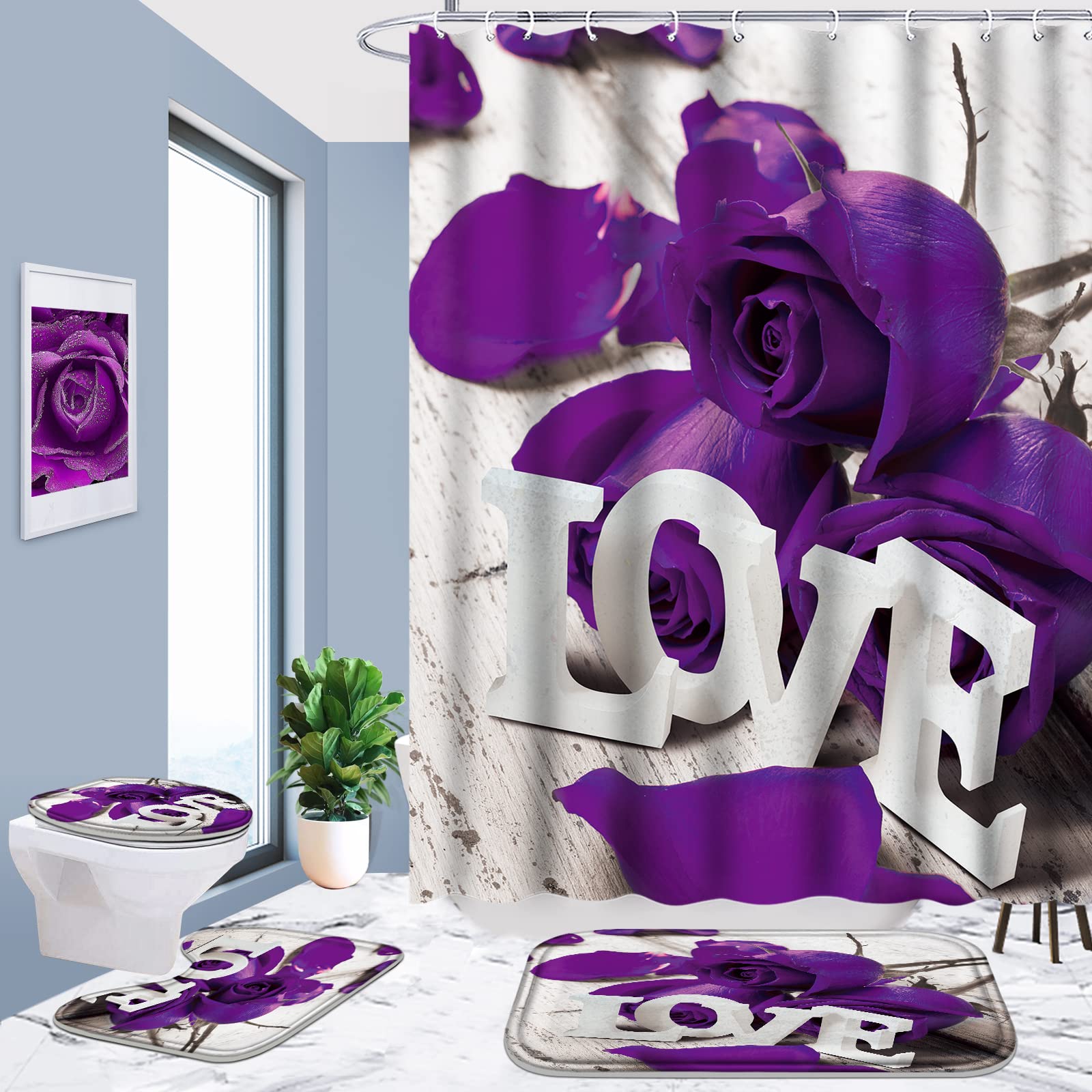 Poedist 4 Pcs Bathroom Shower Curtain Set, Purple Rose Shower Curtain Valentine'S Day Shower Curtain Sets With Rugs(Bath Mat,U S