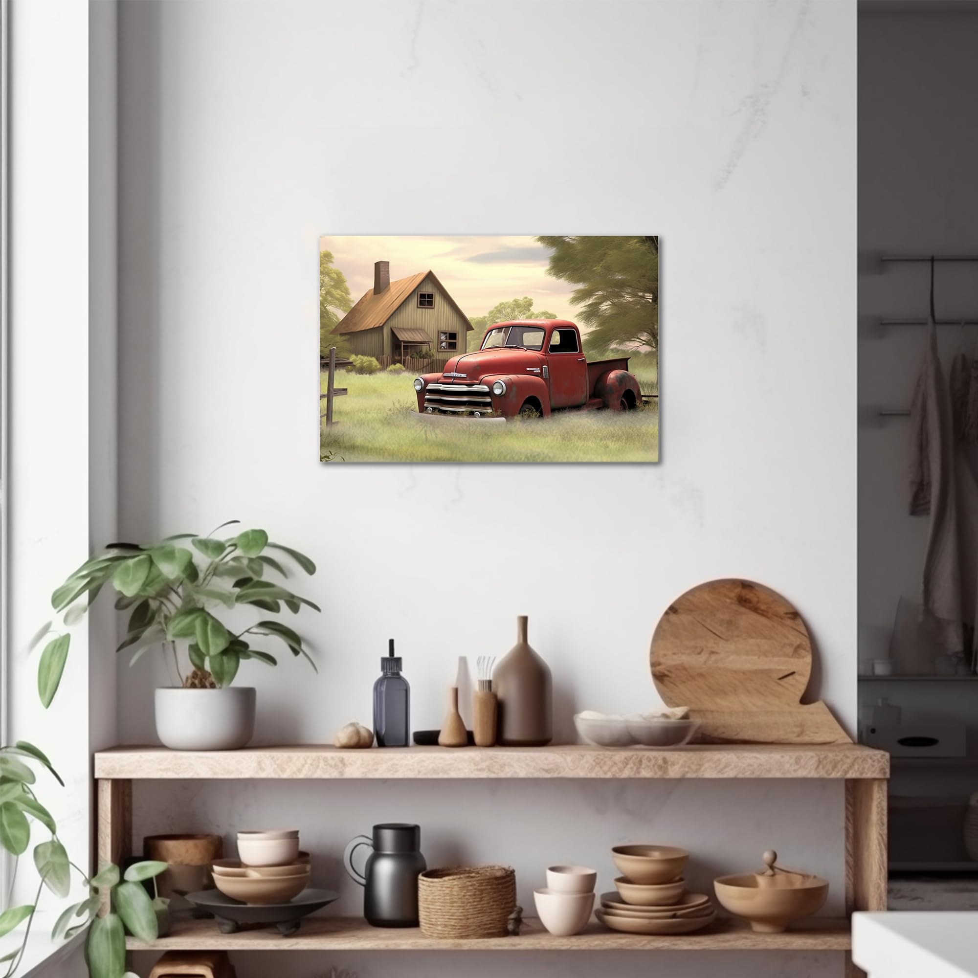 Farmhouse Truck Wall Art, Old Truck Canvas Prints, Barn Picture Wall Art For Rustic Home Decor, Rustic Landscape Canvas Painting