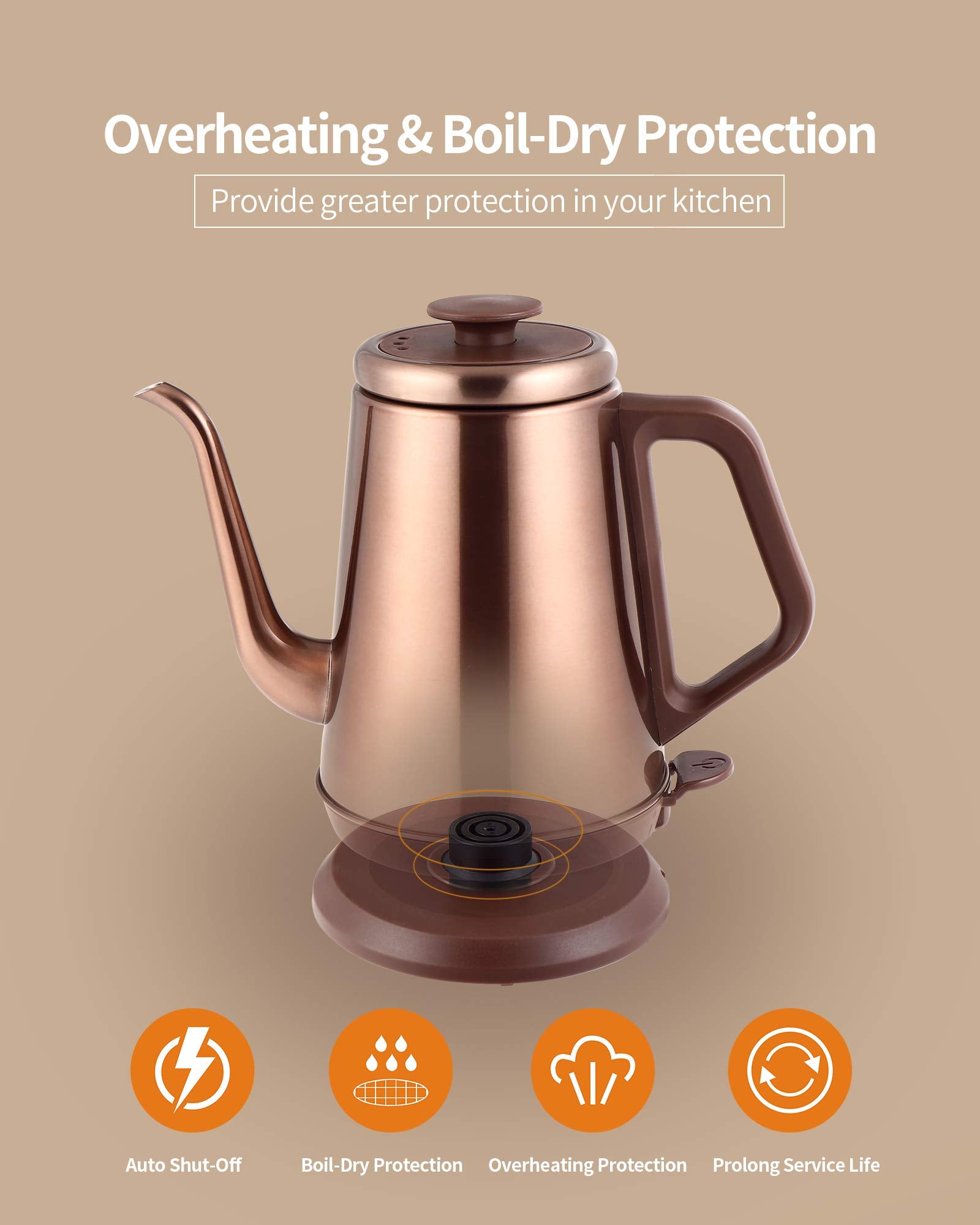 DmofwHi 1000W Gooseneck Electric Kettle, 1.0L Stainless Steel, Copper, Auto Shut-Off, Model D-GNK902B