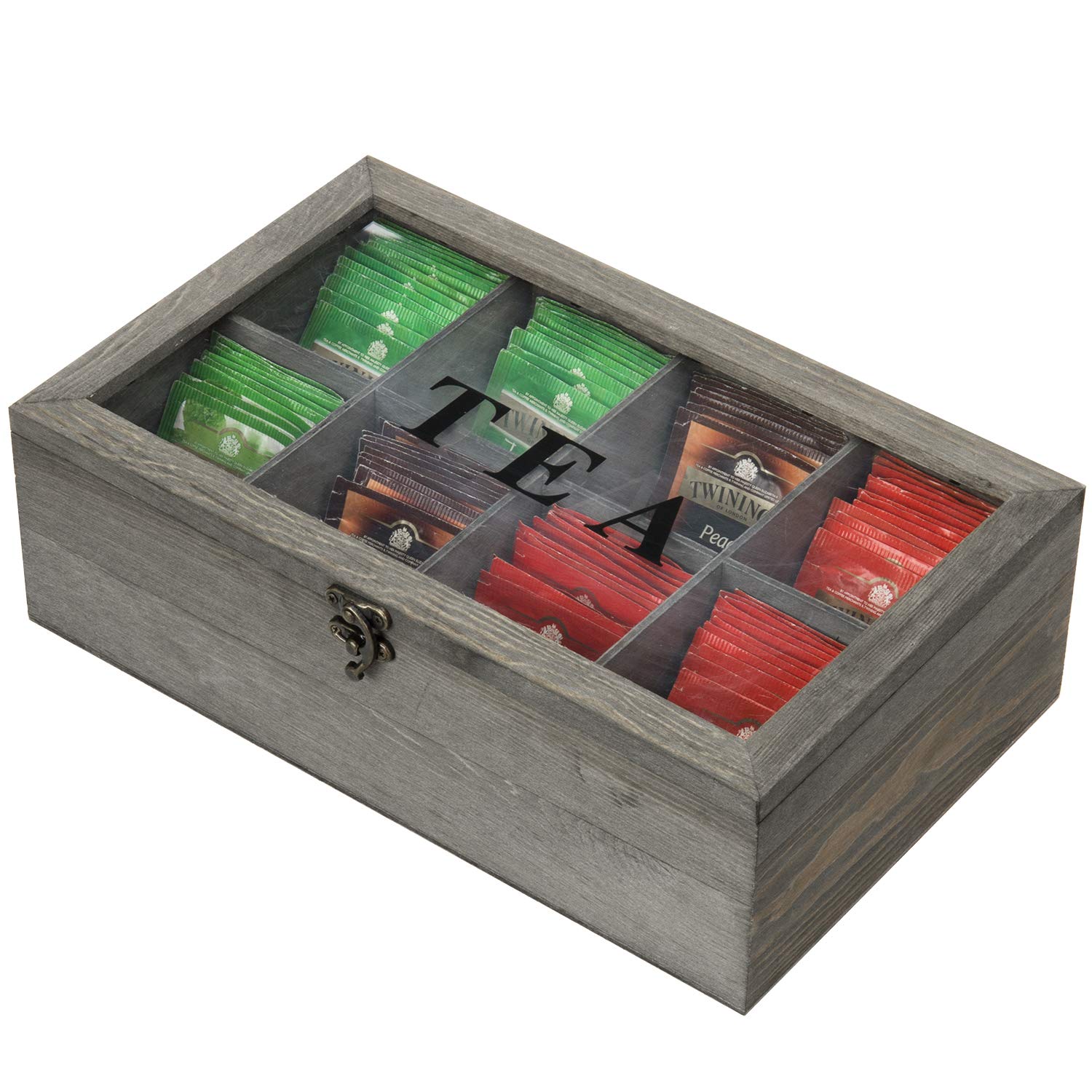 Mygift Vintage Gray Solid Wood Tea Bag Box Organizer Storage Chest With 8 Compartments, Tea Bags And Condiments Packet Holder Wi