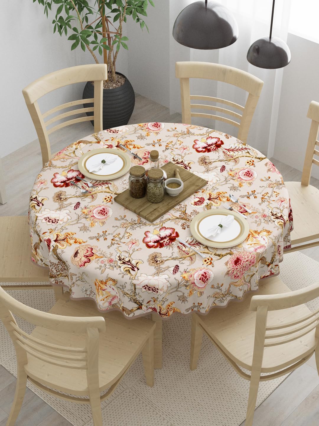 Clasiko 100% Cotton 6 Seater Round Table Cover; 72x72 Inches; Multicolor Flowers On Beige