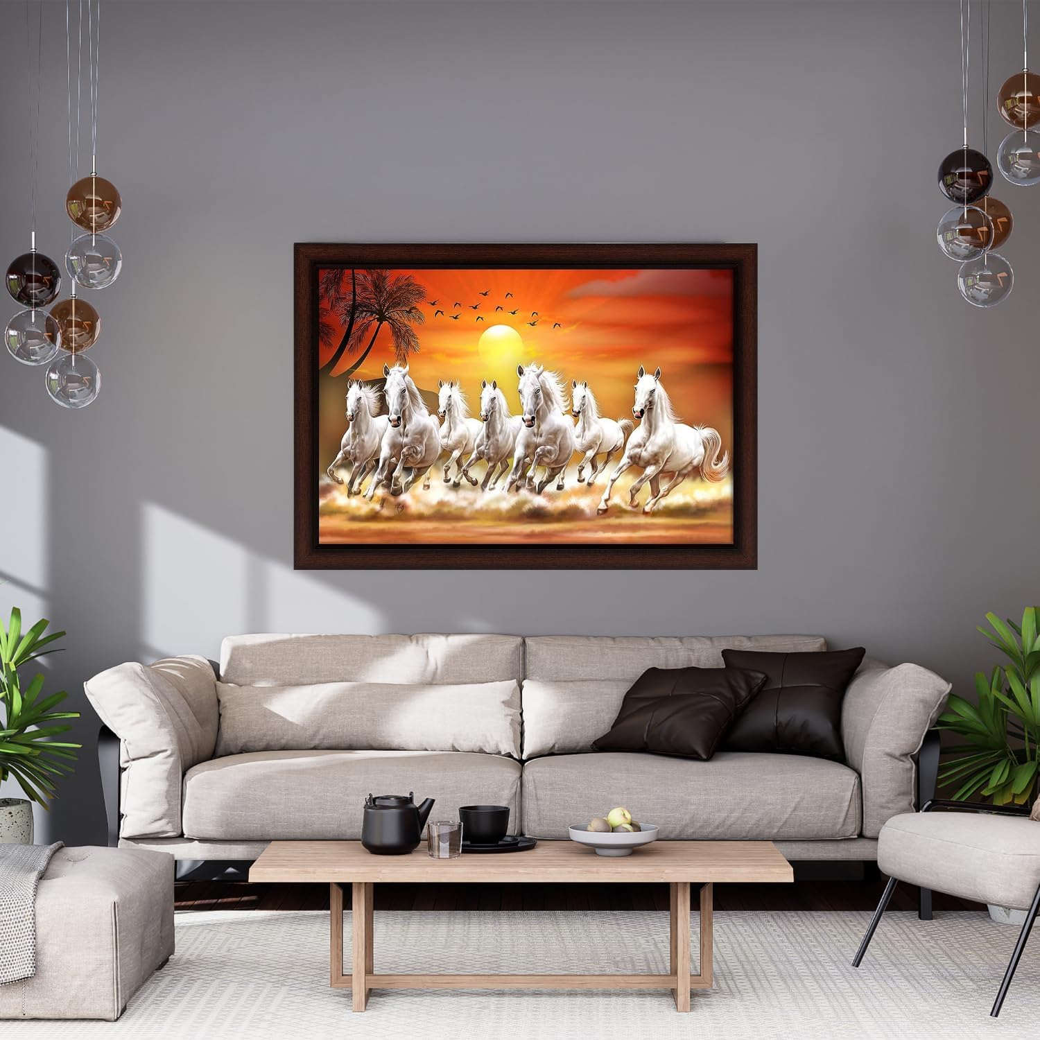 Masstone Seven Horses Vastu Painting With Frame | Seven Running Horses With Sunrise Vastu Painting (35X50 Cm) | Seven Horses Vas