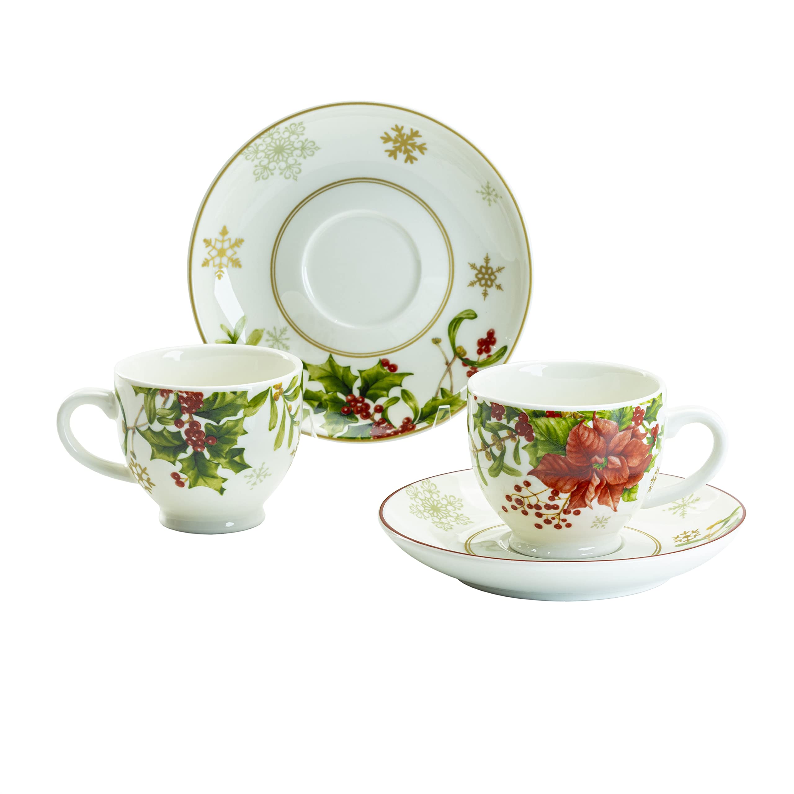 Gracie China Poinsettia Berry Porcelain 3-Ounce Set Of 2 Espresso Cup And Saucer Gift Boxed, Holiday Giftware