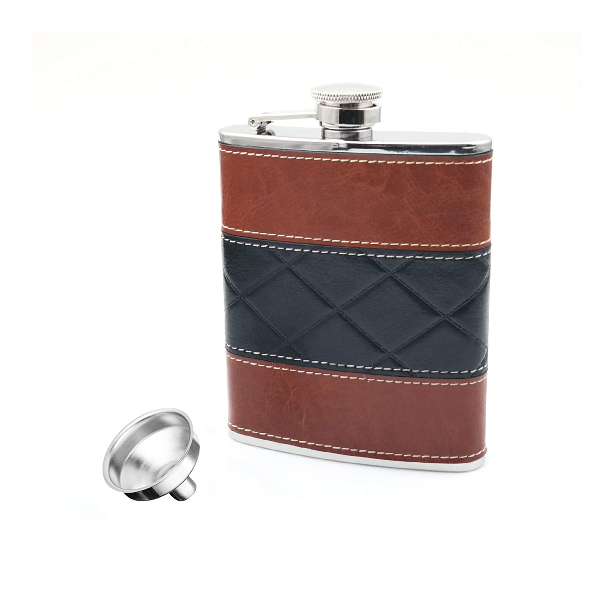 iSavage 6oz Black and Brown Red Leather Wrapped Hip Flask with a Funnel 18/8 Stainless SteelYM135