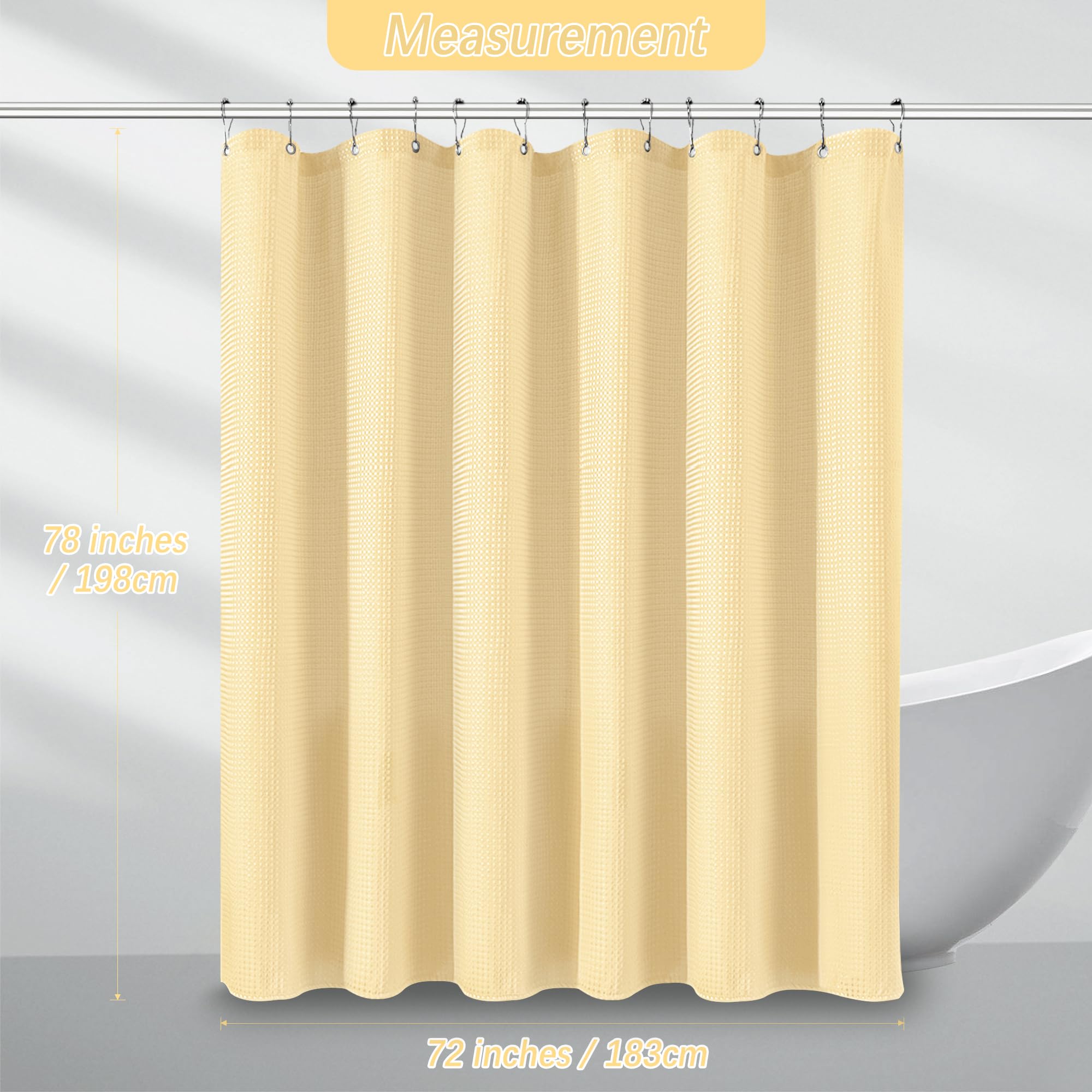 Pangsinne 78 Inch Shower Curtain Cream Beige Waffle Textured, 256Gsm Heavy Duty Weighted Fabric Shower Curtains, Hotel Quality L