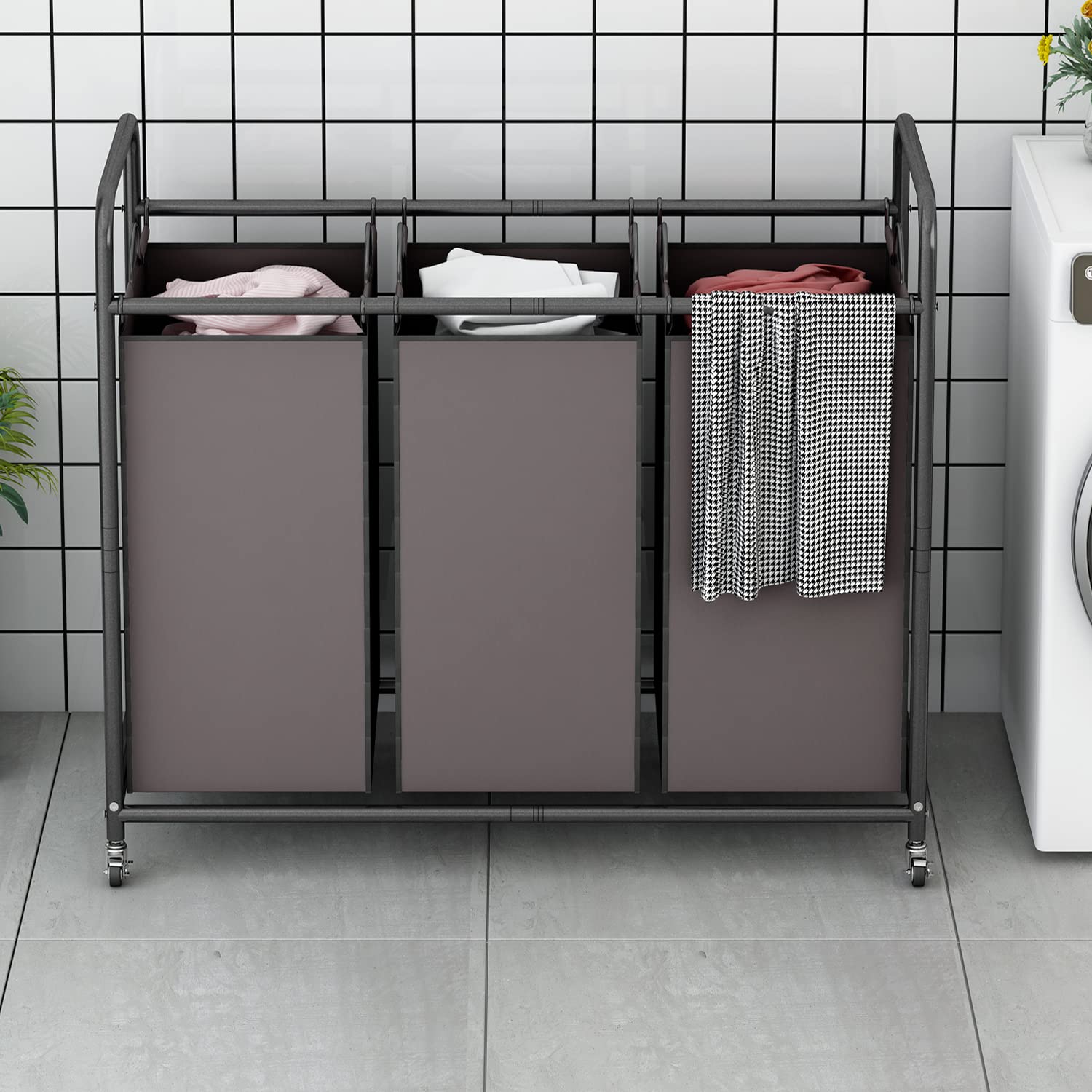 Linzinar 3-Bag Laundry Sorter,Laundry Hamper Cart With Heavy Duty Rolling Lockable Wheels And Removable Bags (Brown)