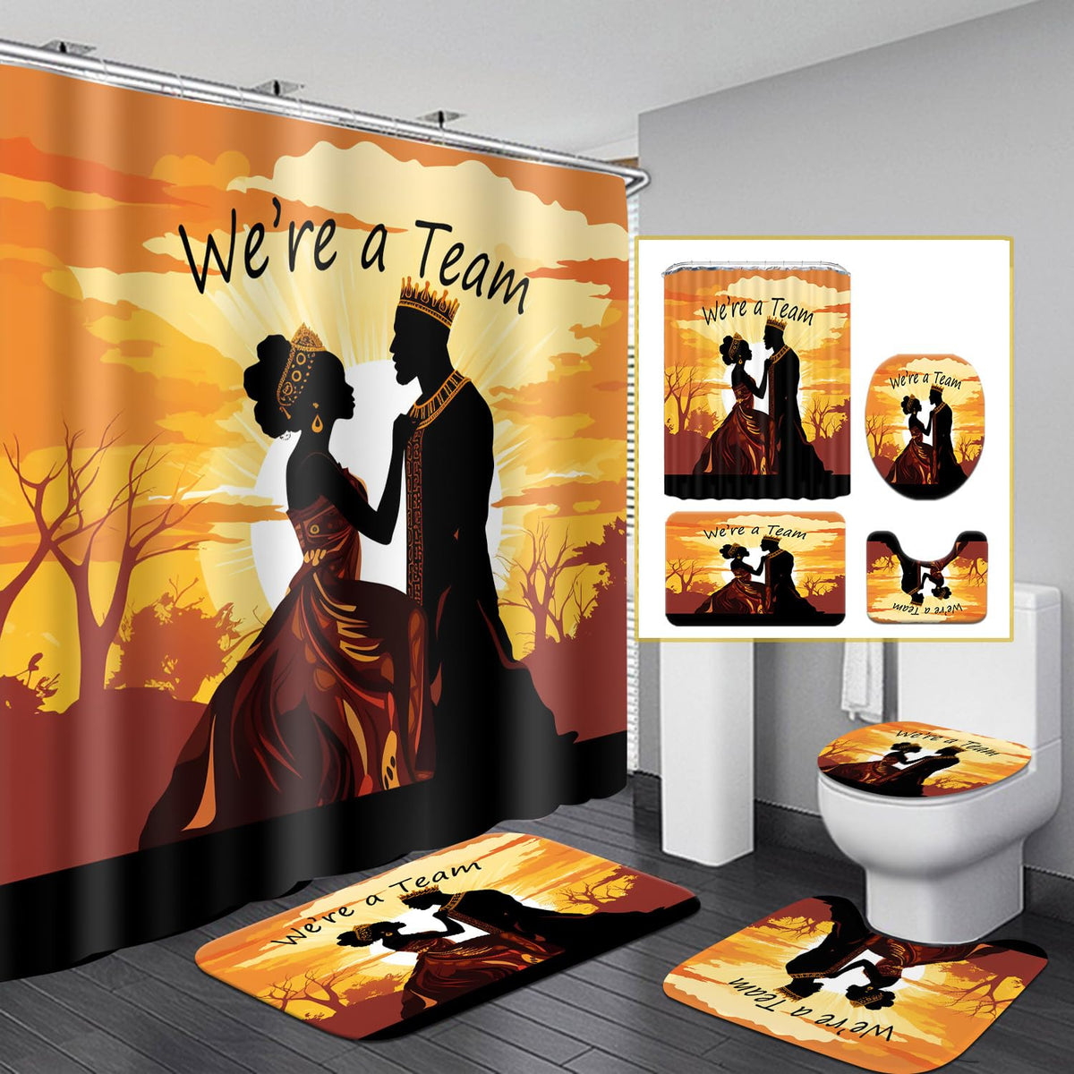 Omebero 4Pcs African American Shower Curtain Sets, Inspirational Quotes Black King Queen Bathroom Set With Shower Curtain And Ru